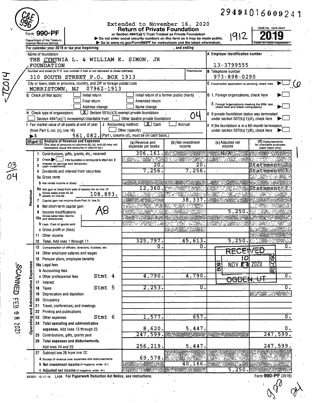 Image of first page of 2019 Form 990PF for The Cynthia L and William E Simon JR Foundation