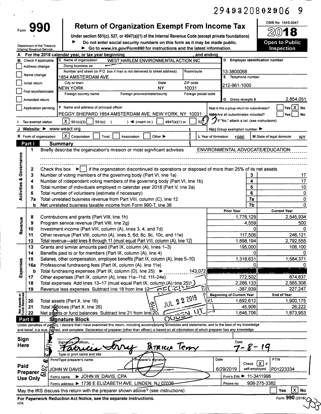 Image of first page of 2018 Form 990 for West Harlem Environmental Action