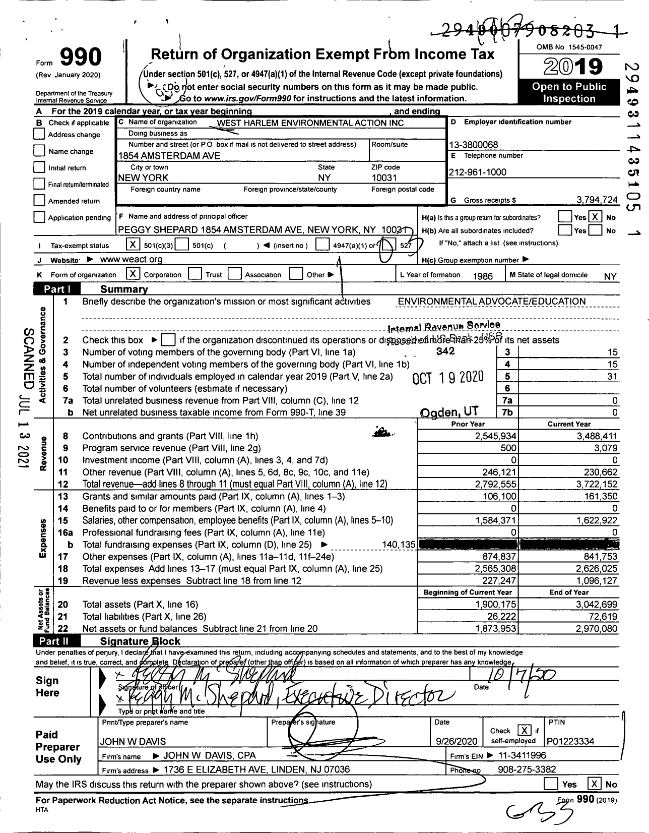 Image of first page of 2019 Form 990 for West Harlem Environmental Action