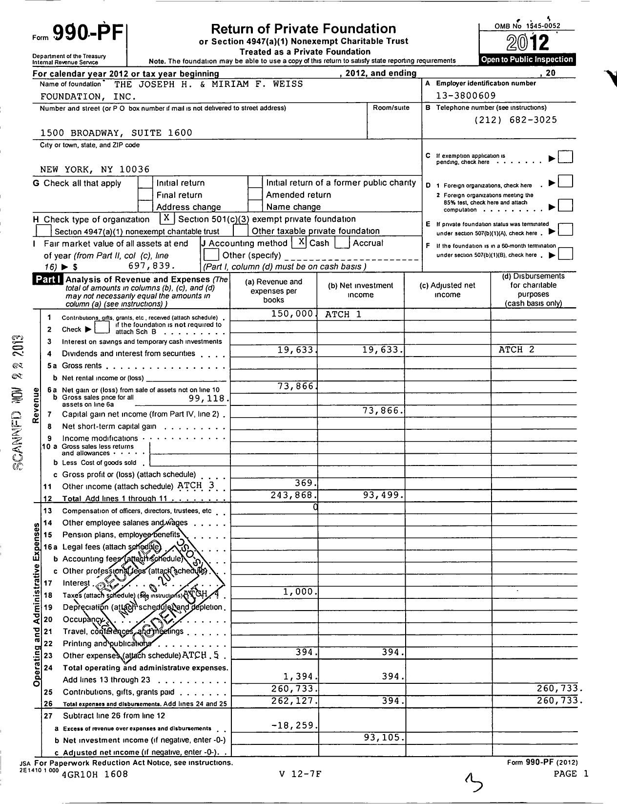 Image of first page of 2012 Form 990PF for Joseph H and Miriam F Weiss Foundation