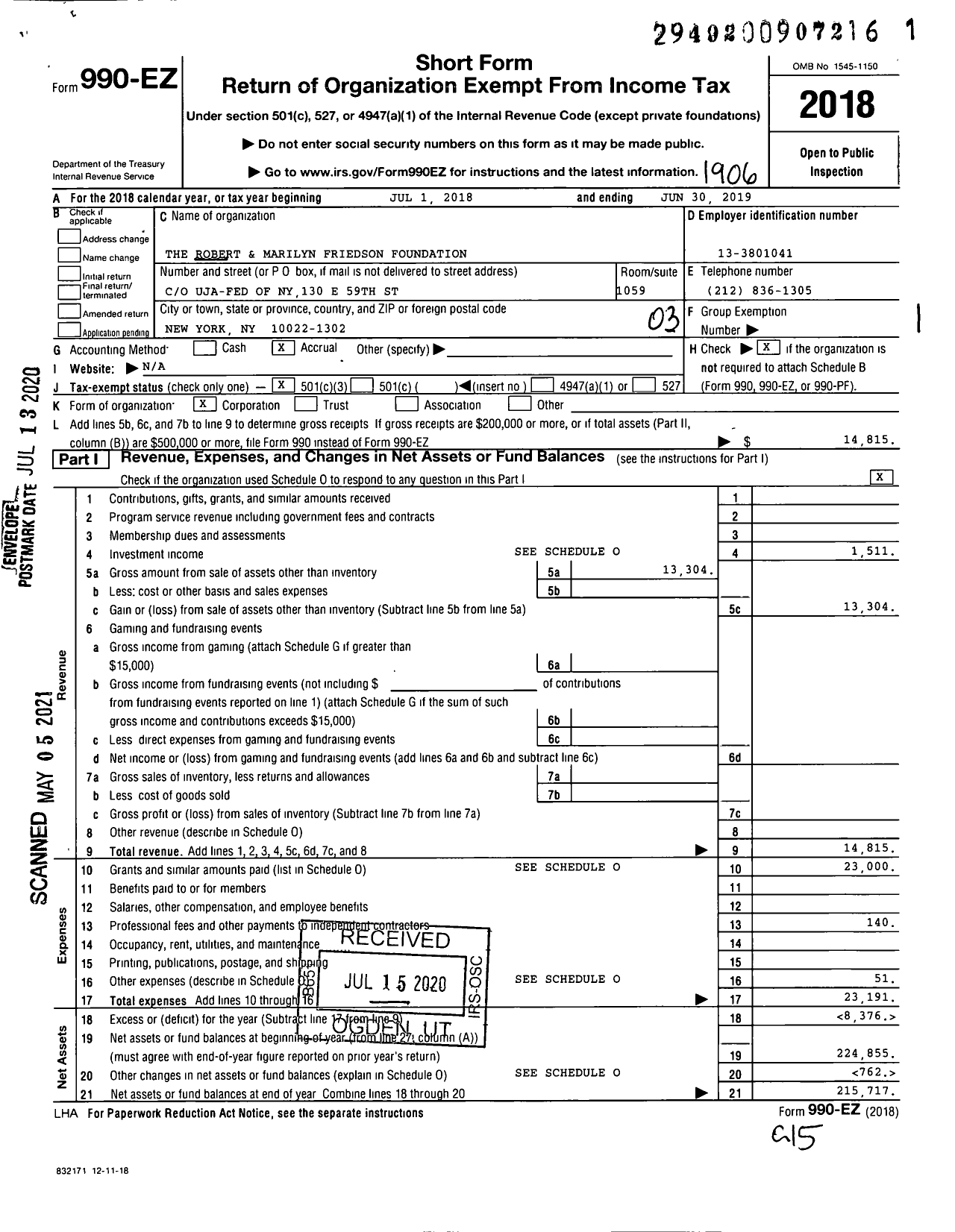 Image of first page of 2018 Form 990EZ for The Robert and Marilyn Friedson Foundation