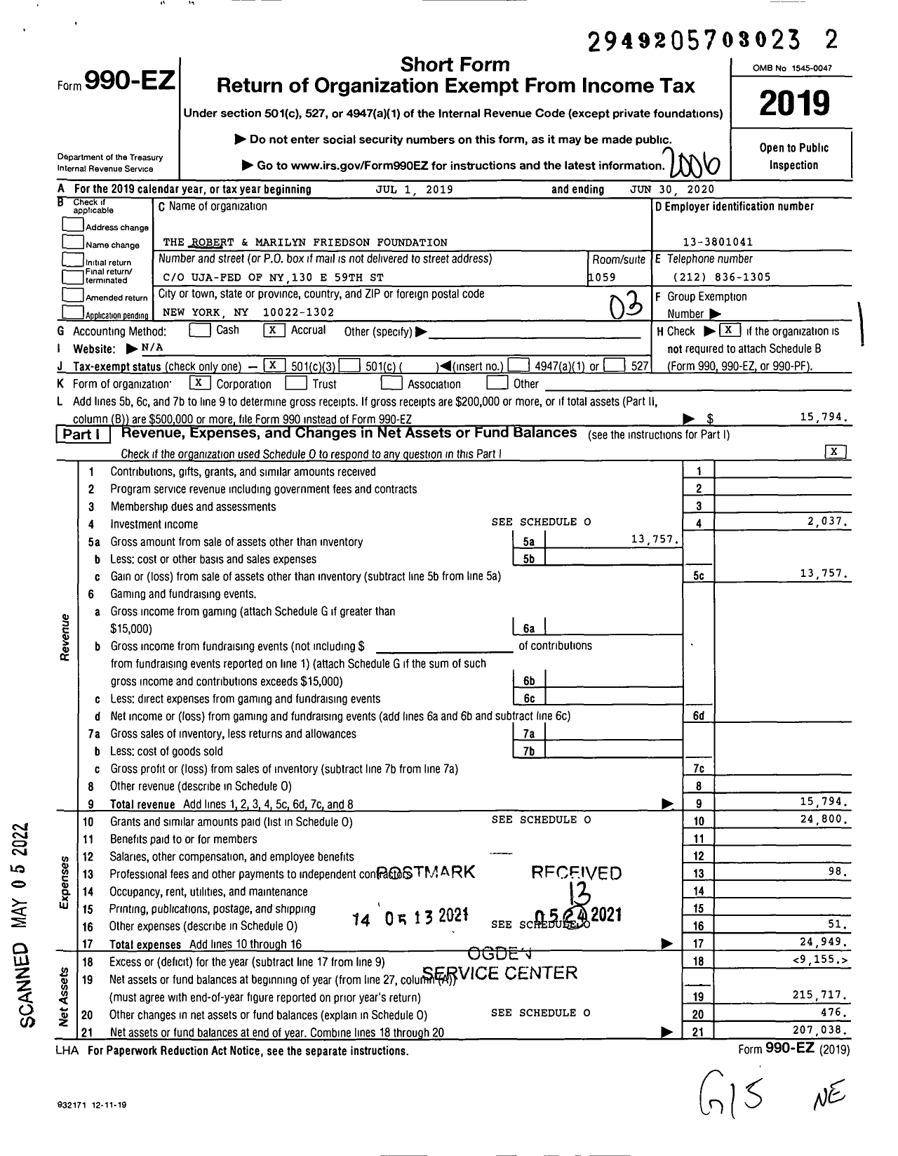 Image of first page of 2019 Form 990EZ for The Robert and Marilyn Friedson Foundation