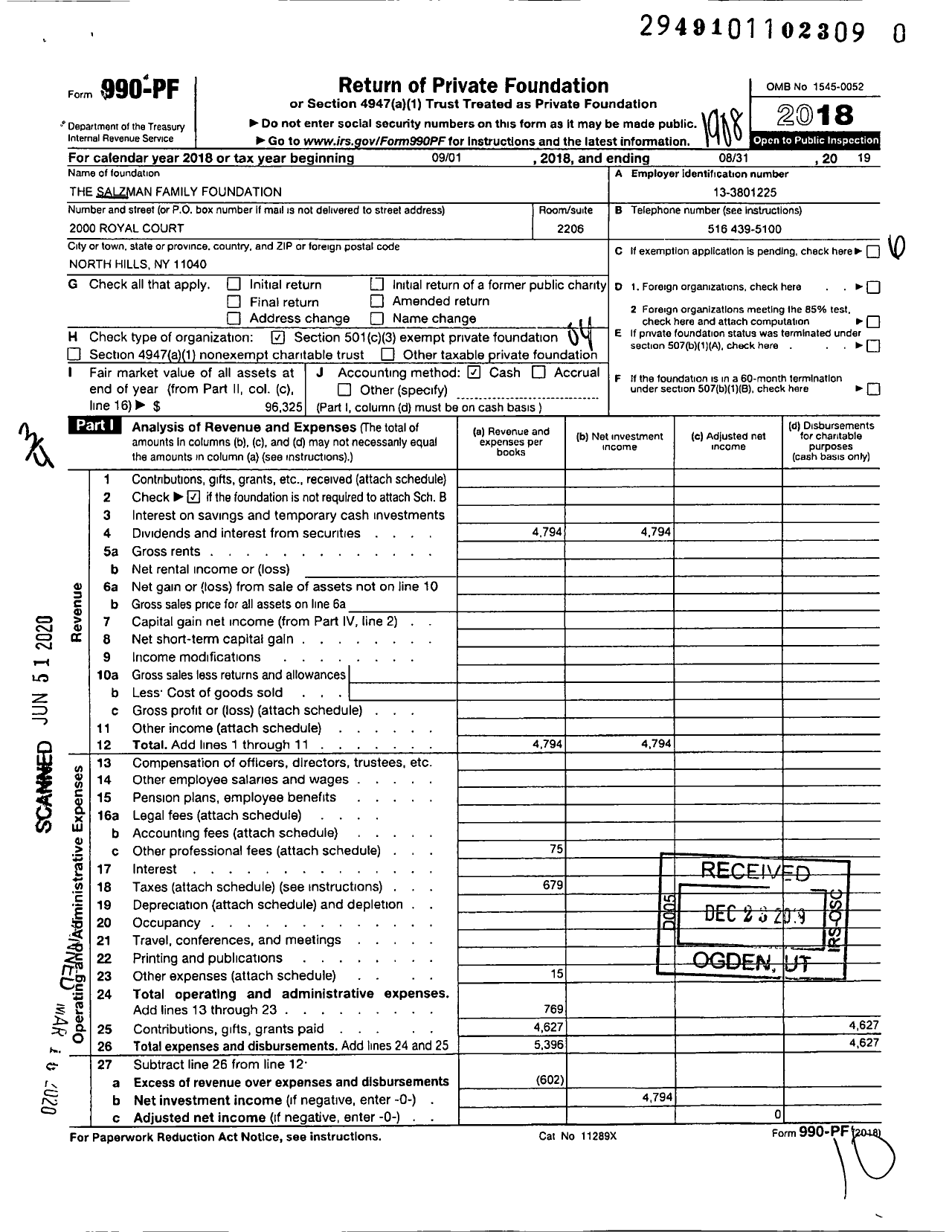 Image of first page of 2018 Form 990PR for Salzman Family Foundation