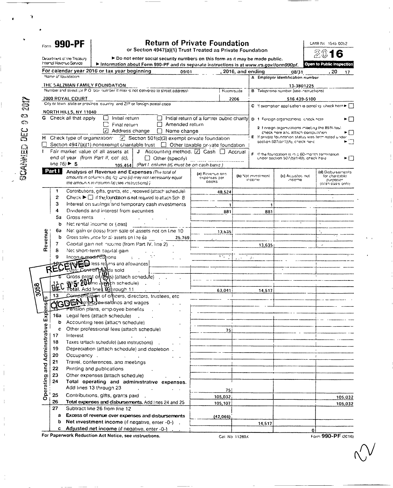 Image of first page of 2016 Form 990PF for Salzman Family Foundation