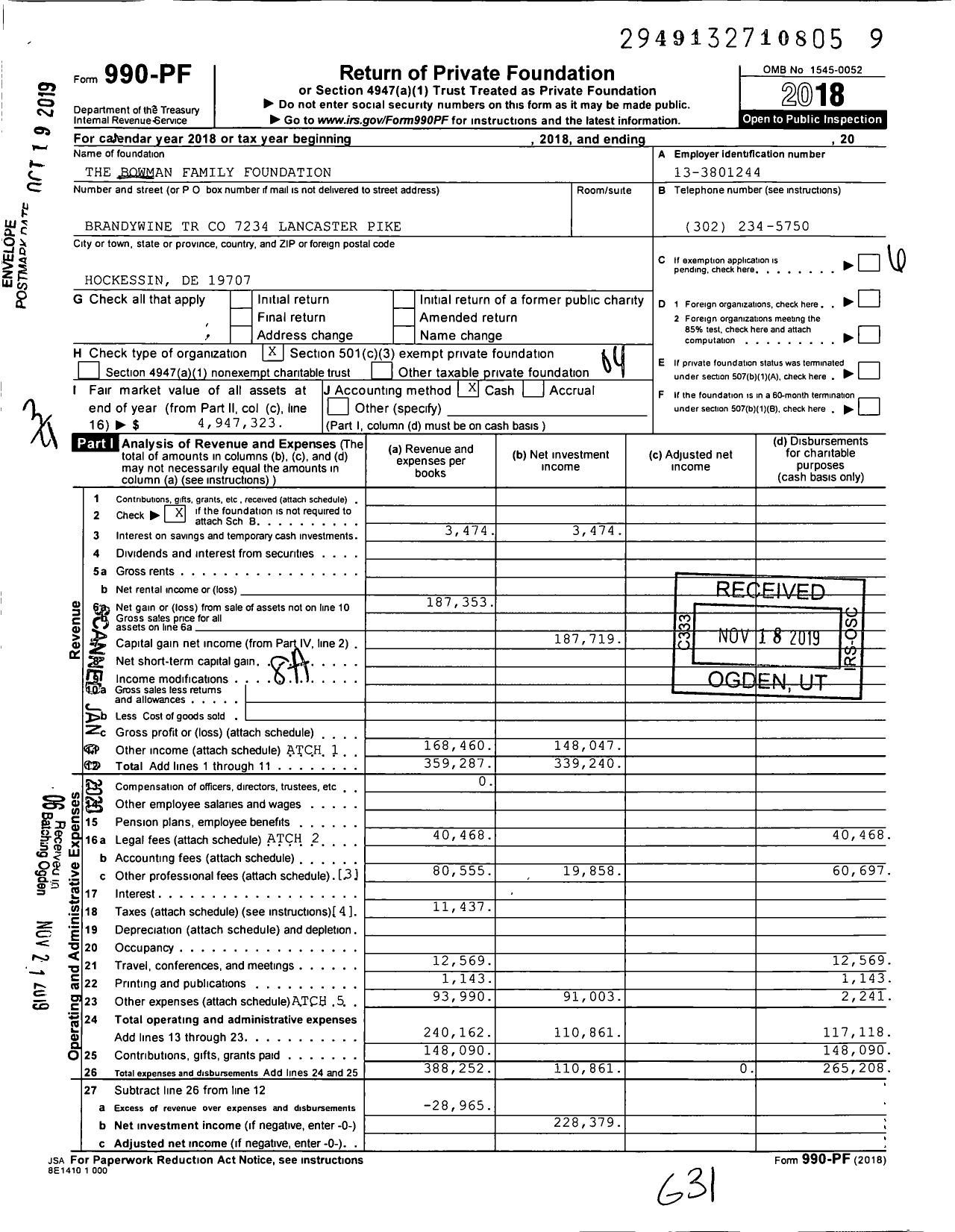 Image of first page of 2018 Form 990PF for The Bowman Family Foundation