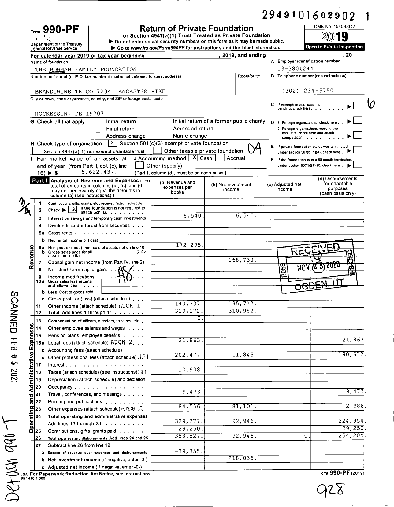 Image of first page of 2019 Form 990PF for The Bowman Family Foundation