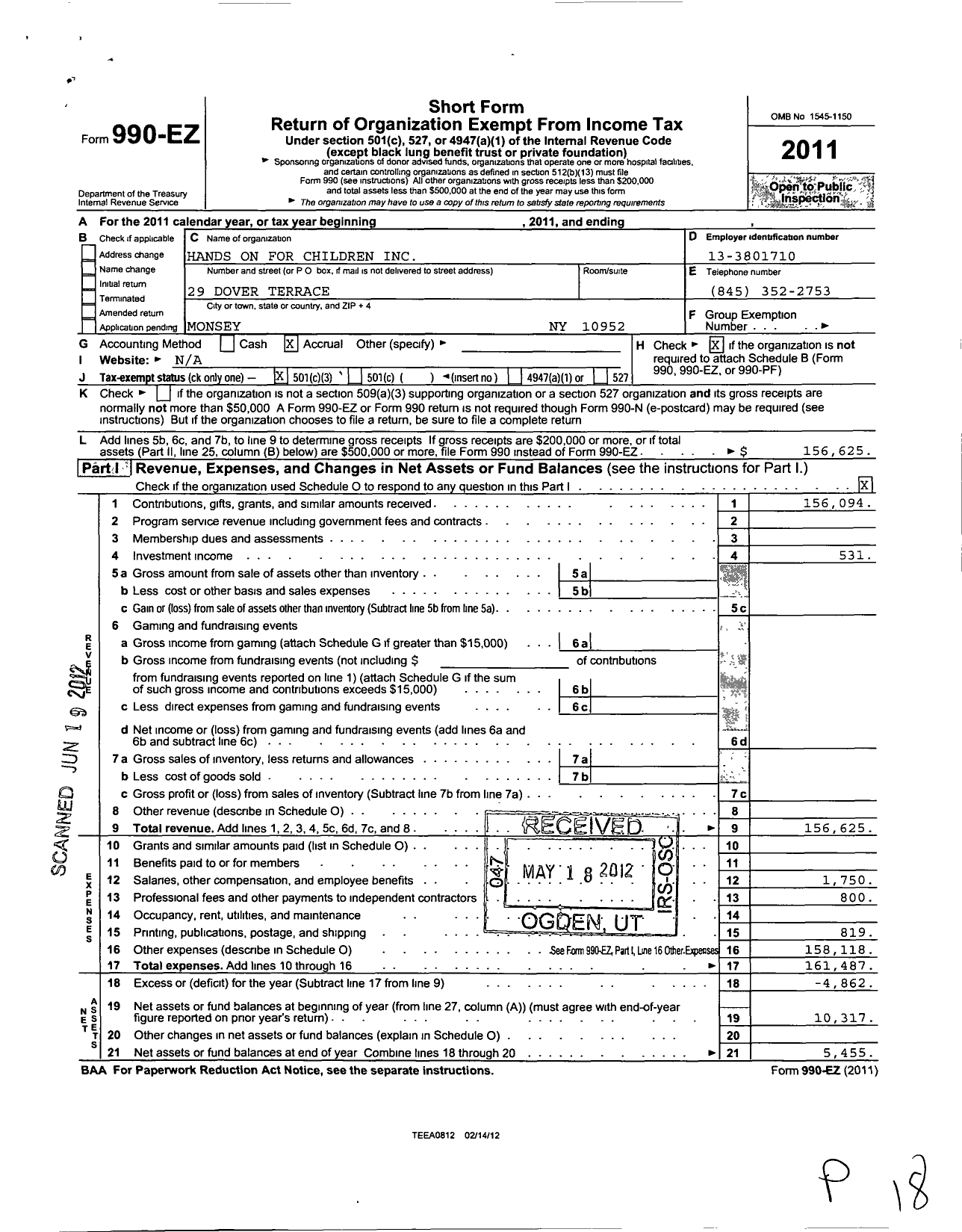 Image of first page of 2011 Form 990EZ for Hands-On for Children