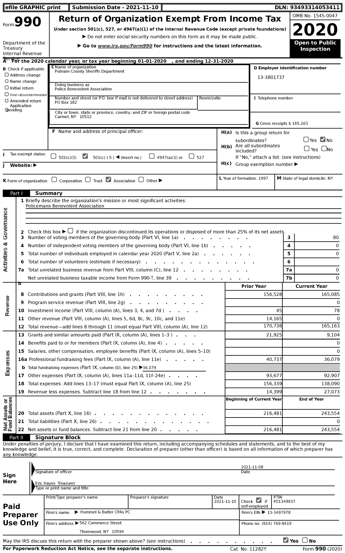 Image of first page of 2020 Form 990 for Putnam County Sheriffs Department Police Benevolent Association