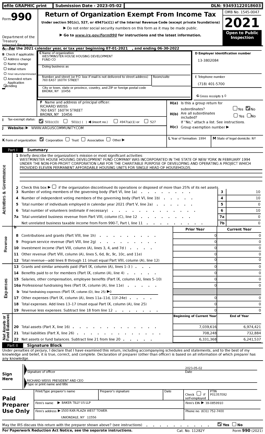 Image of first page of 2021 Form 990 for Westminster House Housing Development Fund Company