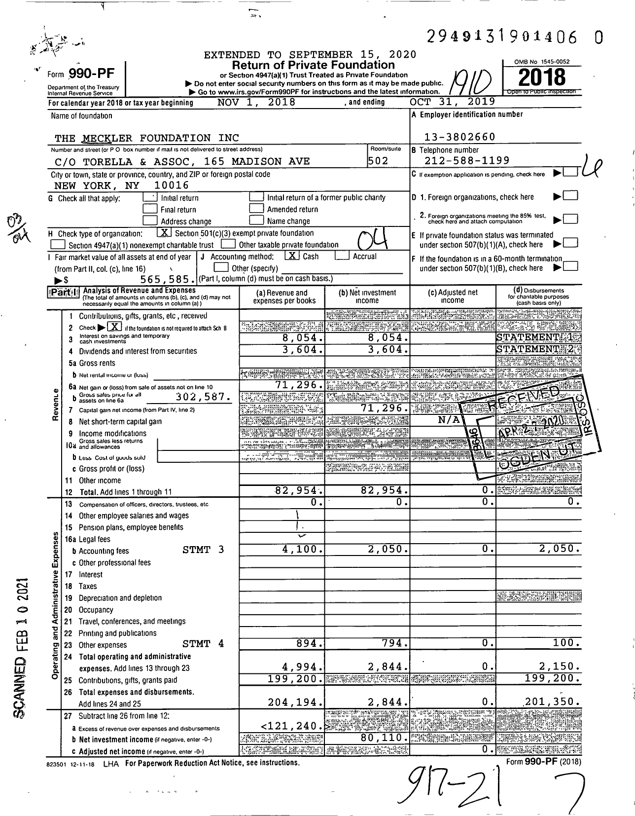 Image of first page of 2018 Form 990PF for The Meckler Foundation