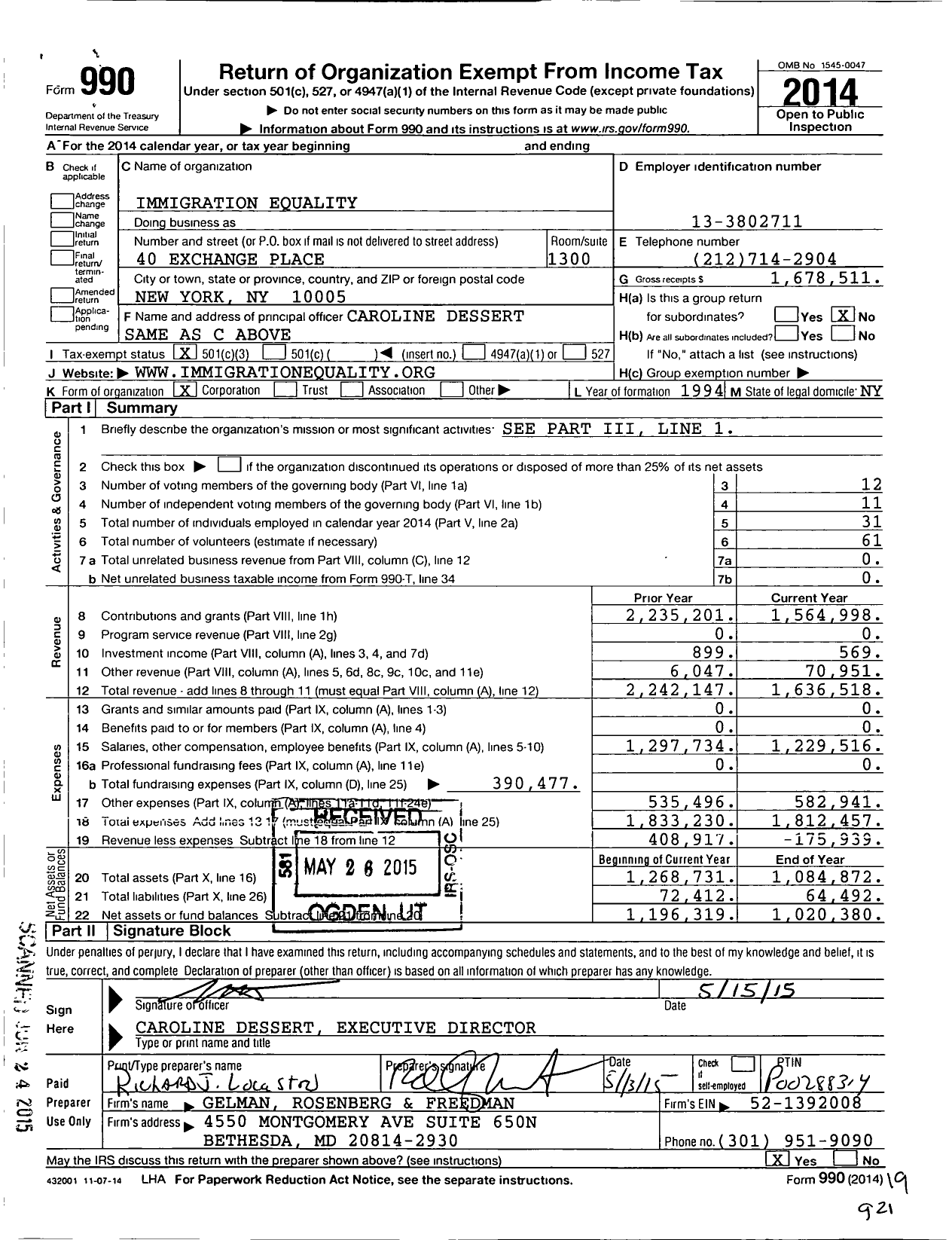 Image of first page of 2014 Form 990 for Immigration Equality