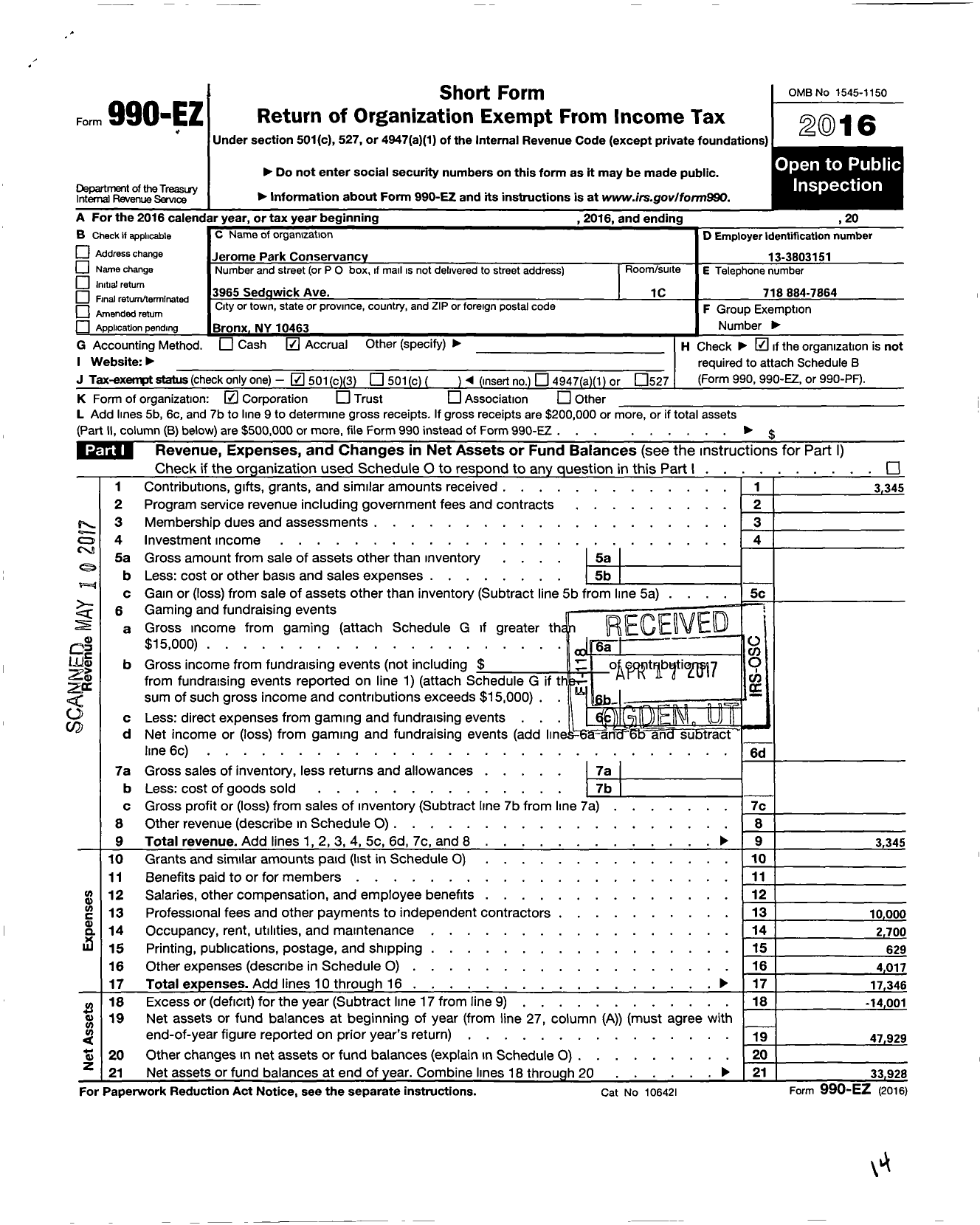 Image of first page of 2016 Form 990EZ for Jerome Park Conservancy