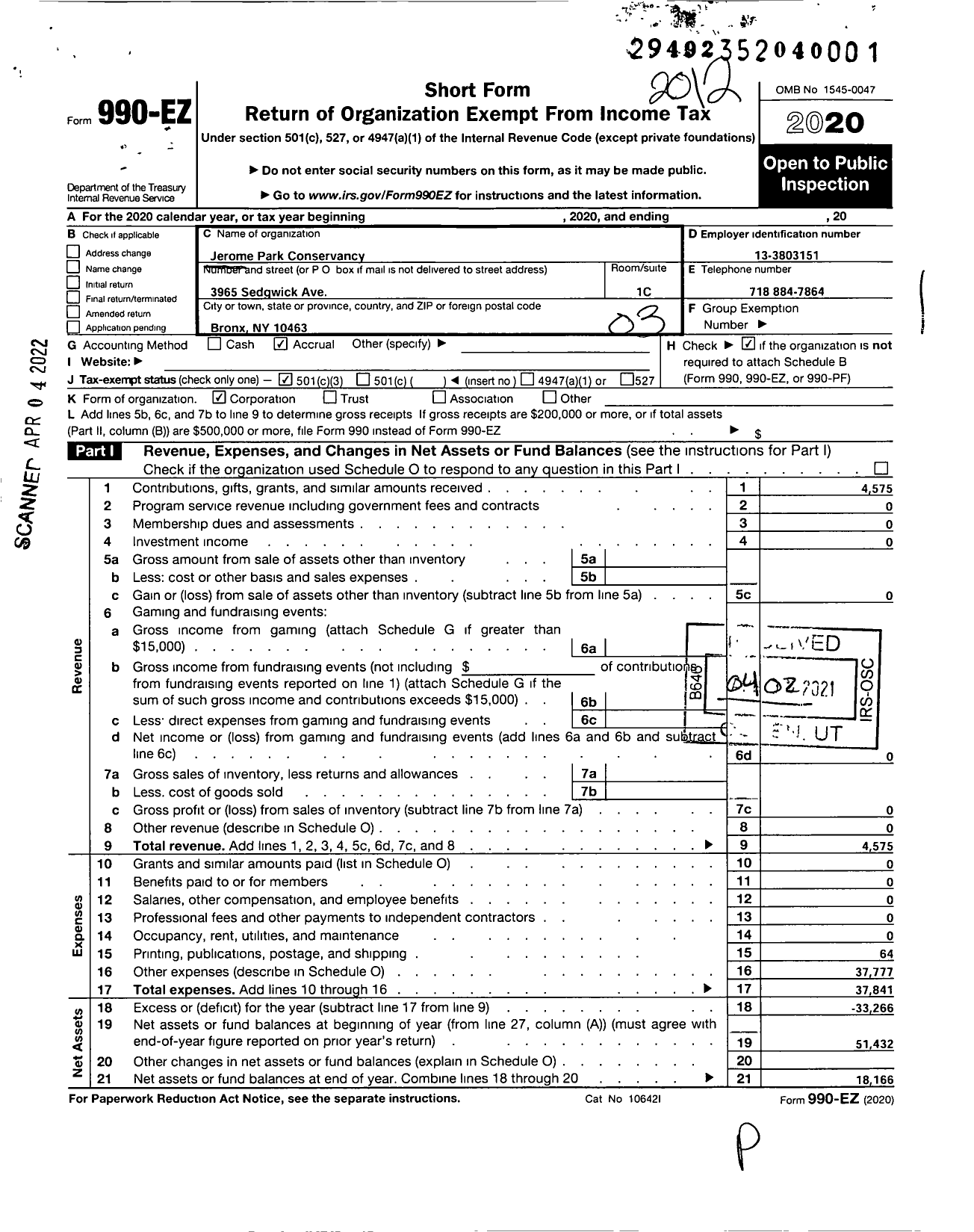 Image of first page of 2020 Form 990EZ for Jerome Park Conservancy