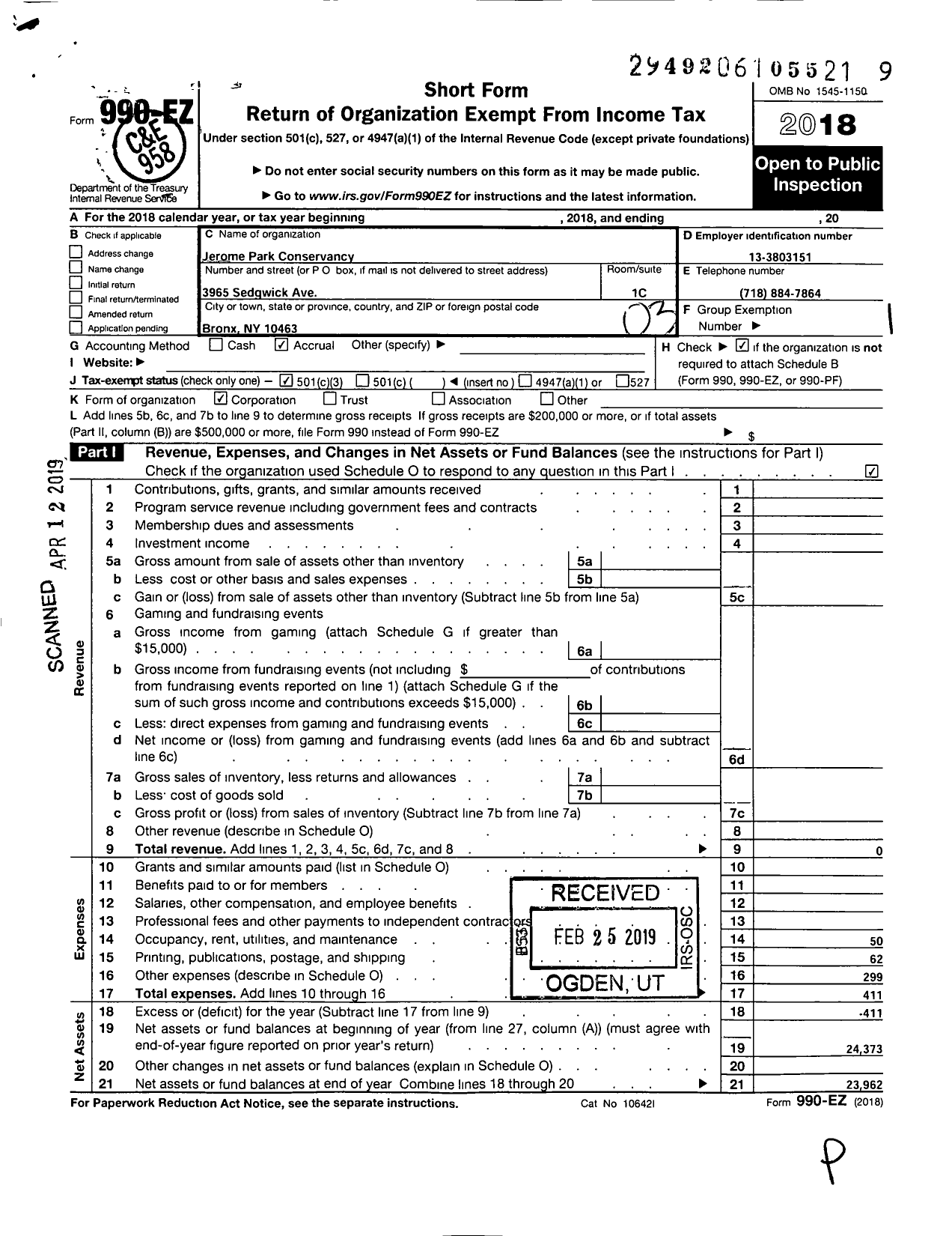 Image of first page of 2018 Form 990EZ for Jerome Park Conservancy