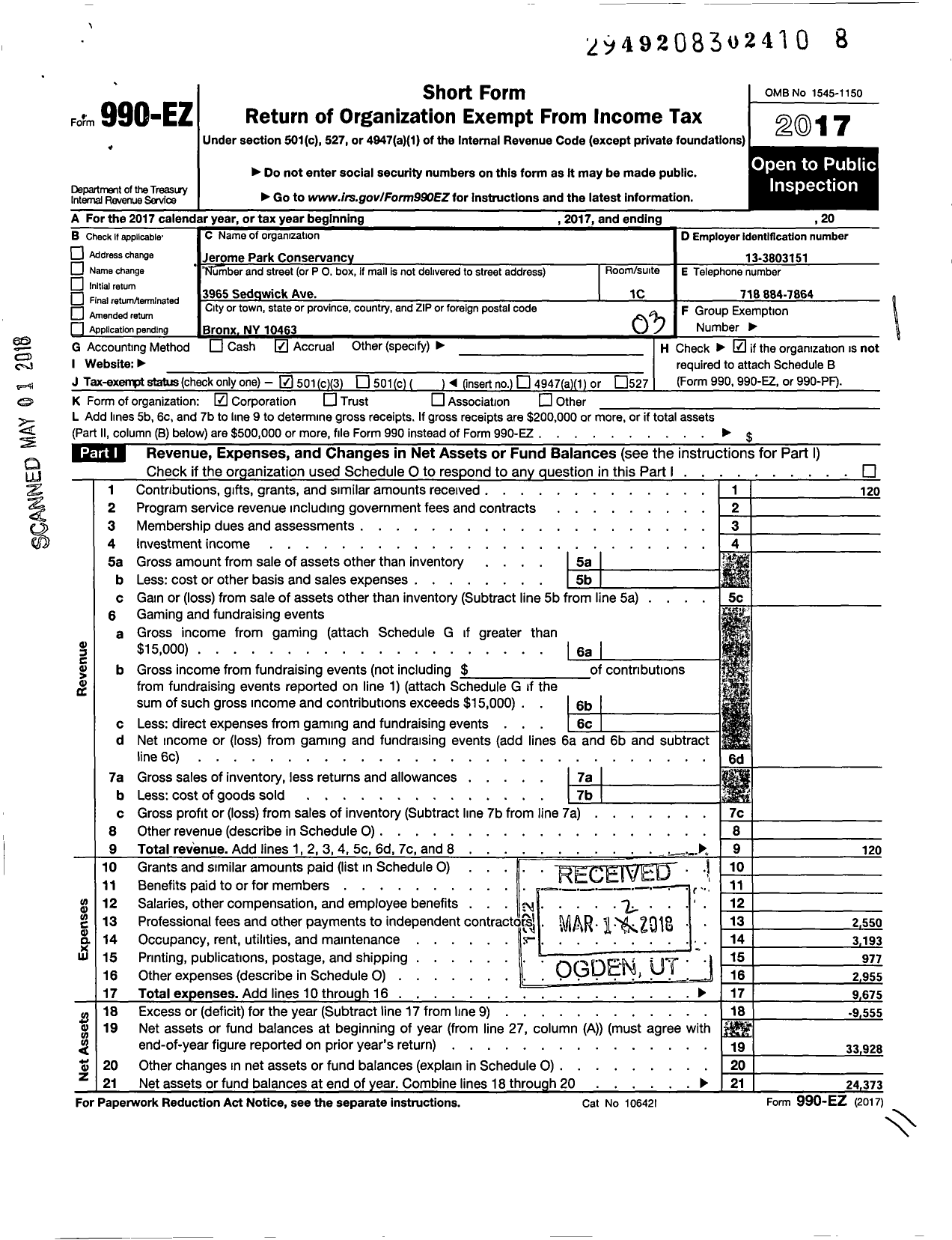 Image of first page of 2017 Form 990EZ for Jerome Park Conservancy