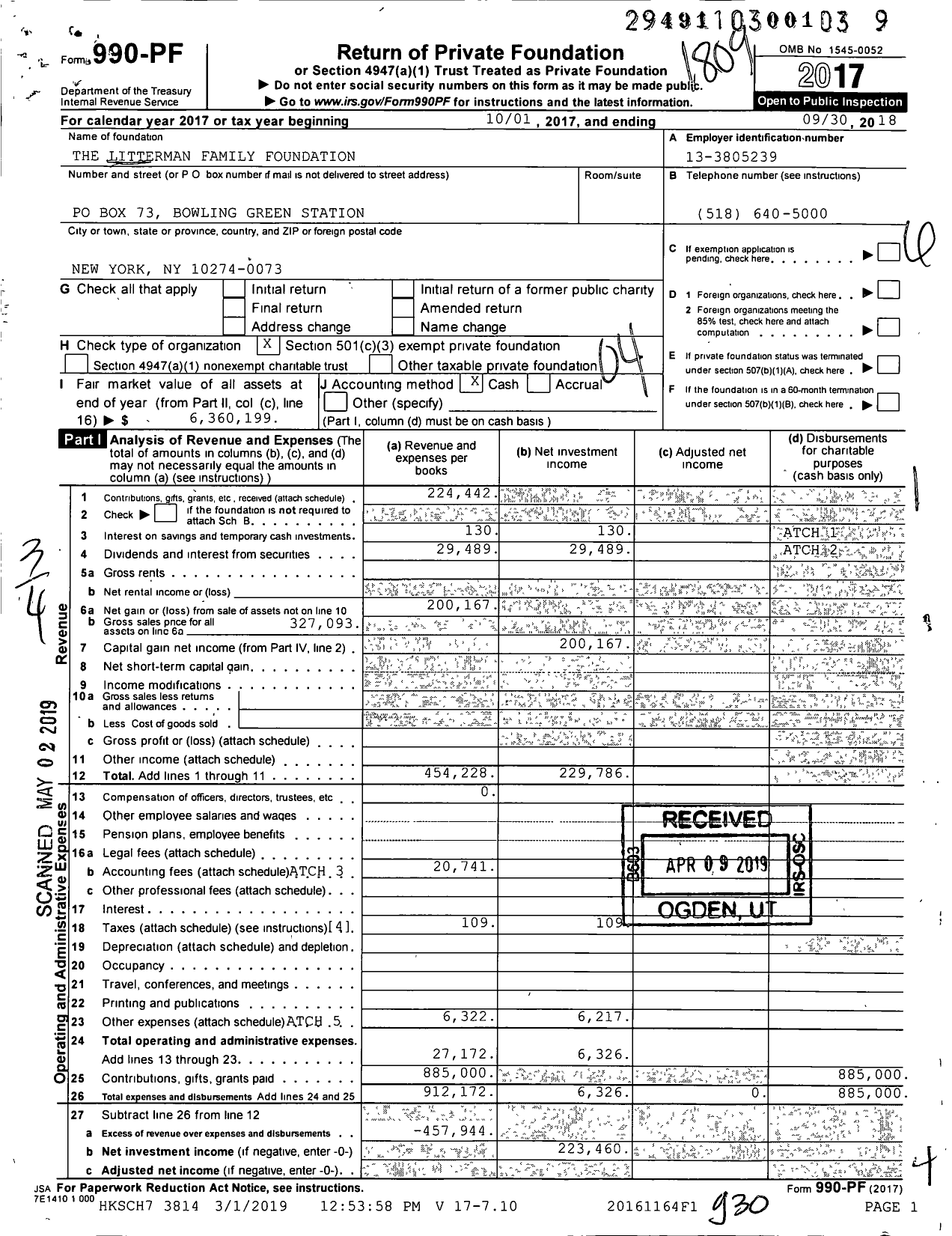Image of first page of 2017 Form 990PF for The Litterman Family Foundation