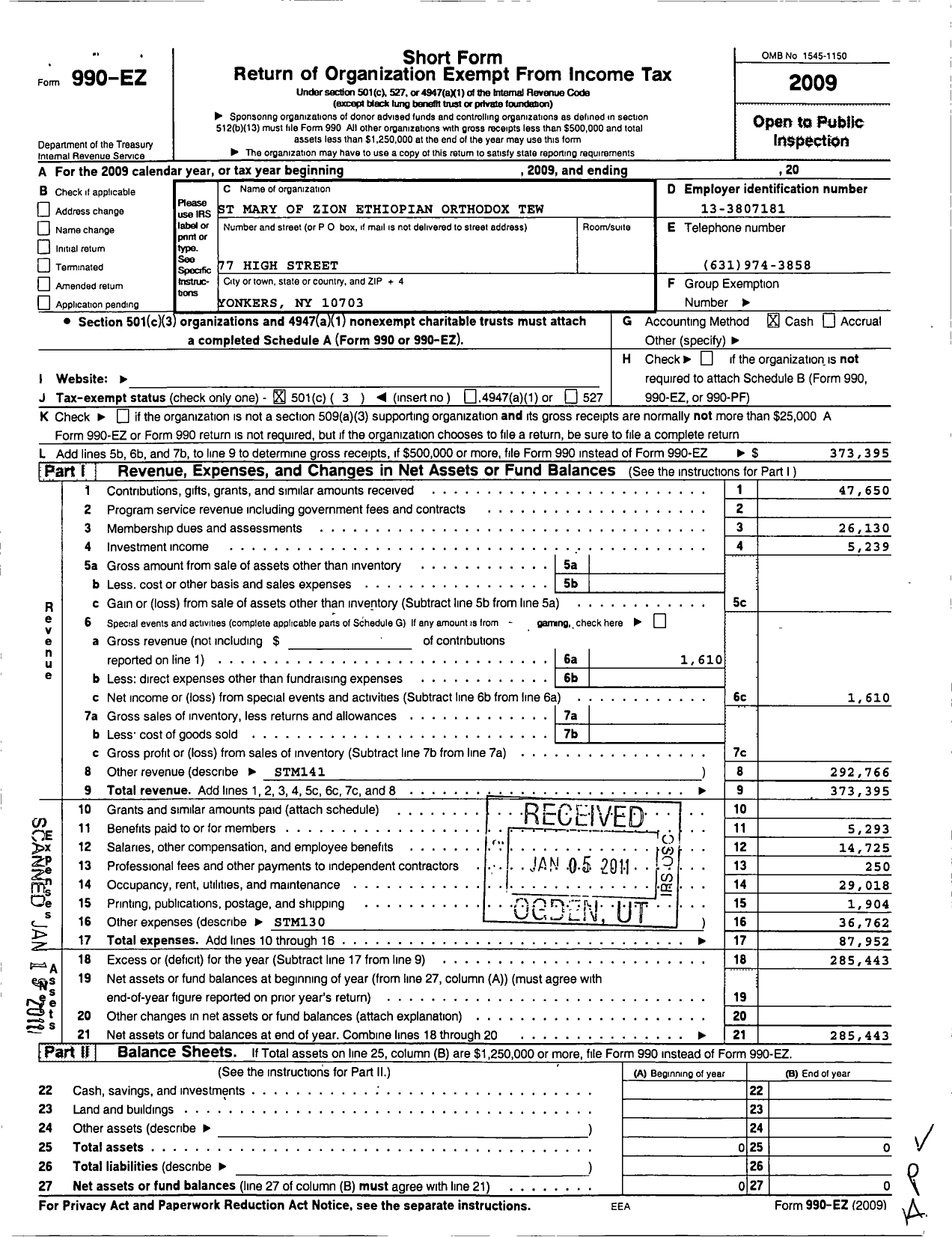 Image of first page of 2009 Form 990EZ for St Mary of Zion Ethiopian Orthodox Tewahedo Church