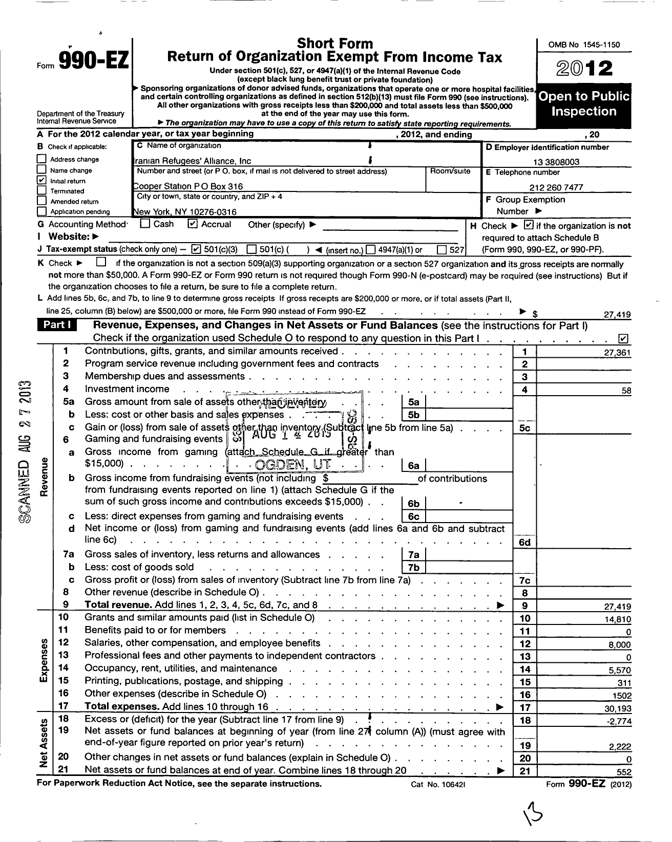 Image of first page of 2012 Form 990EZ for Iranian Refugees Alliance