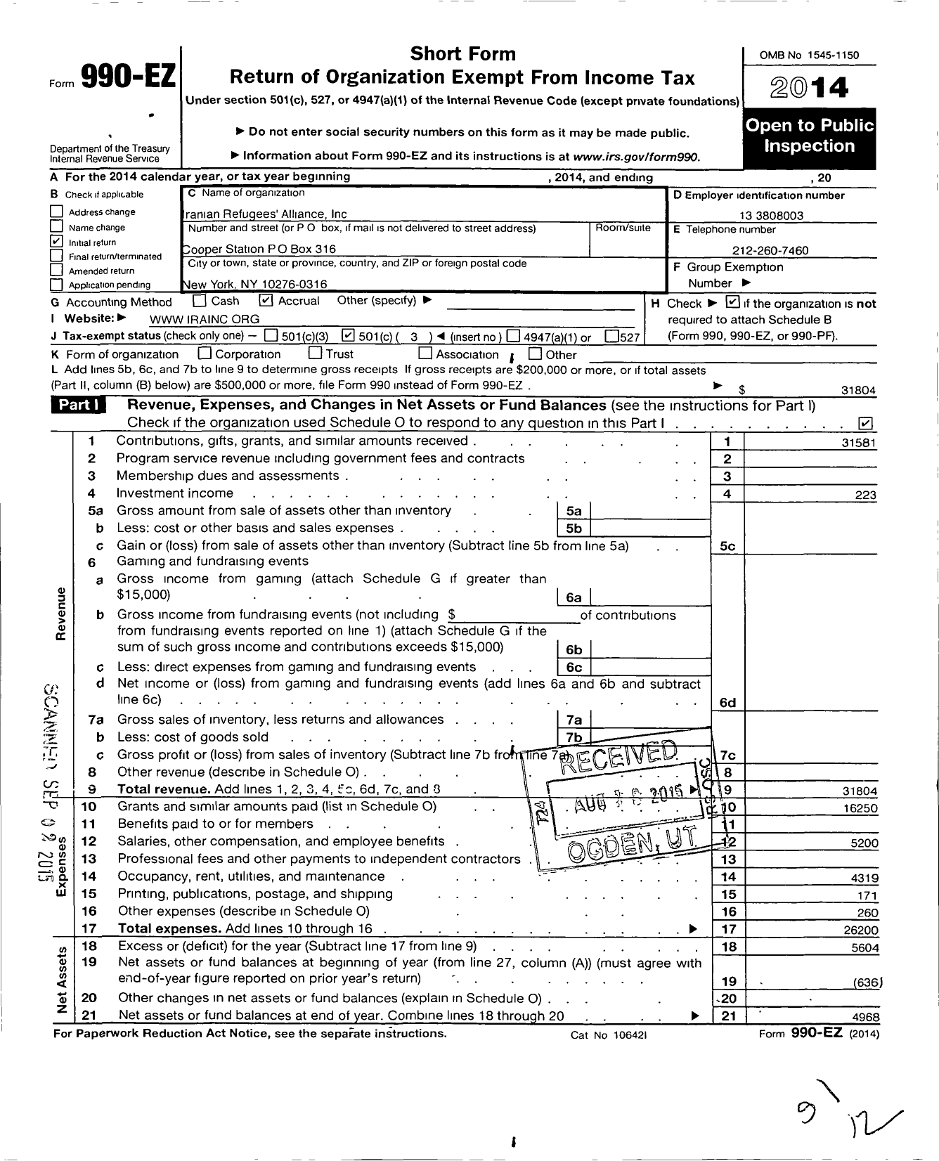 Image of first page of 2014 Form 990EZ for Iranian Refugees Alliance