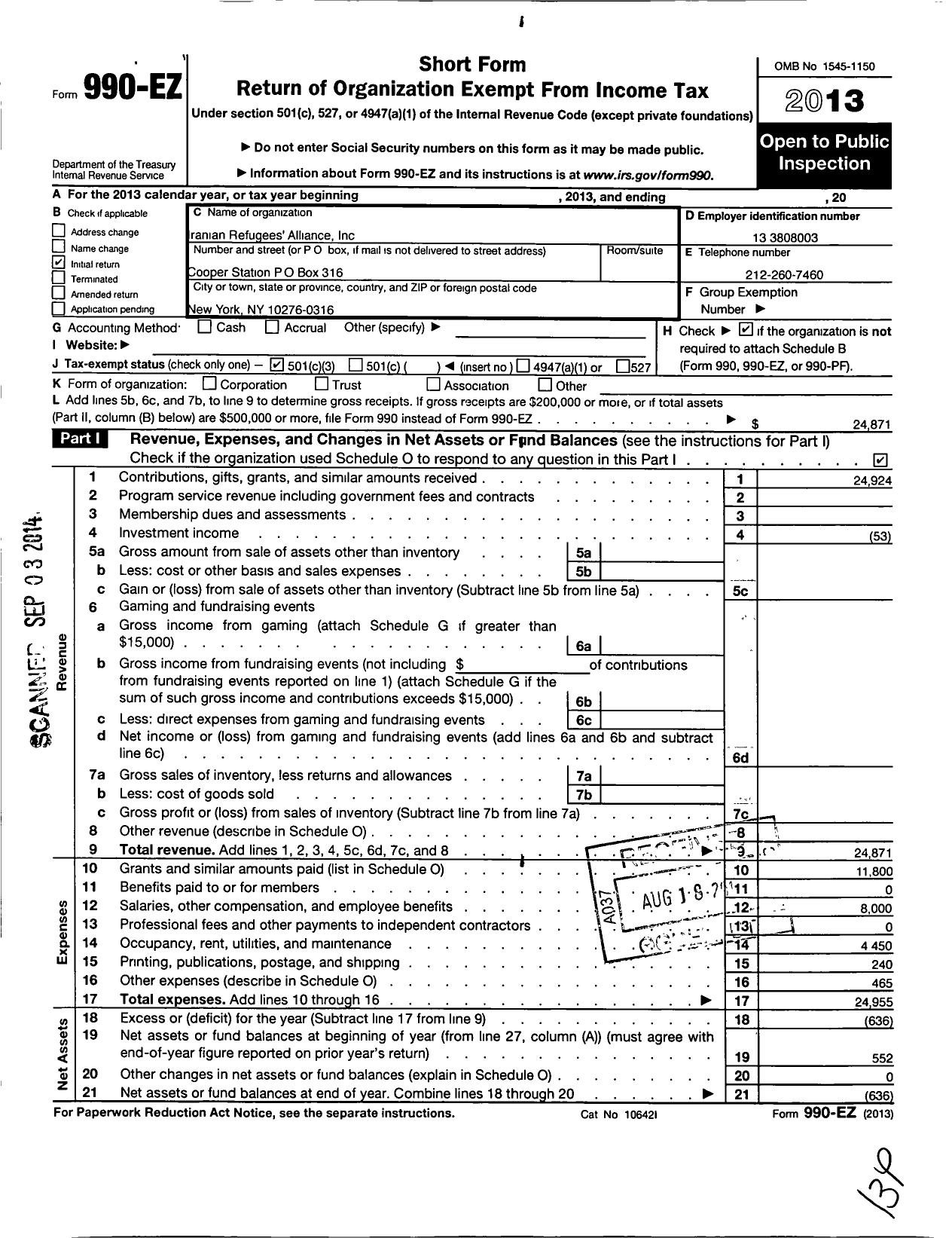 Image of first page of 2013 Form 990EZ for Iranian Refugees Alliance