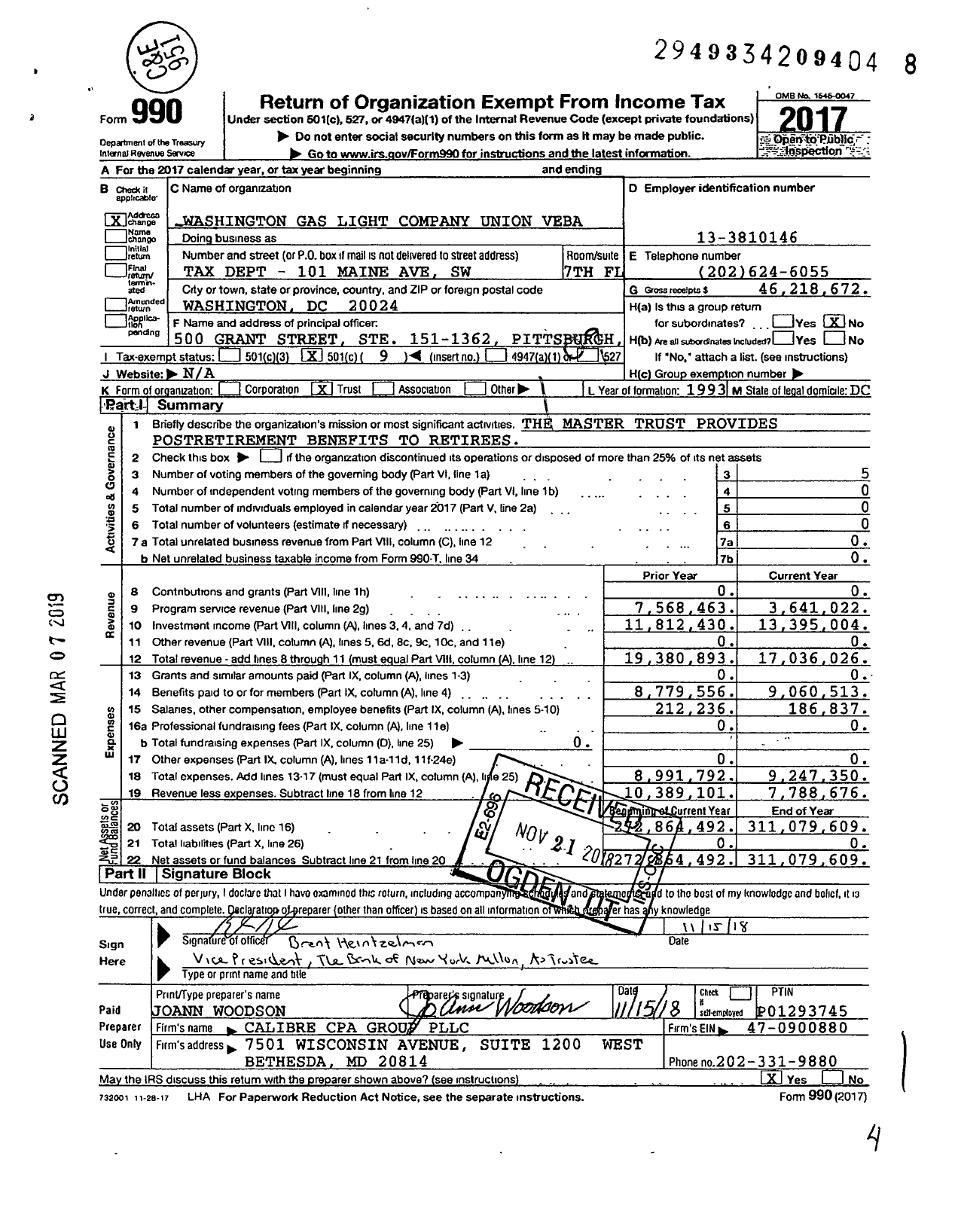 Image of first page of 2017 Form 990O for Washington Gas Light Company Union Veba