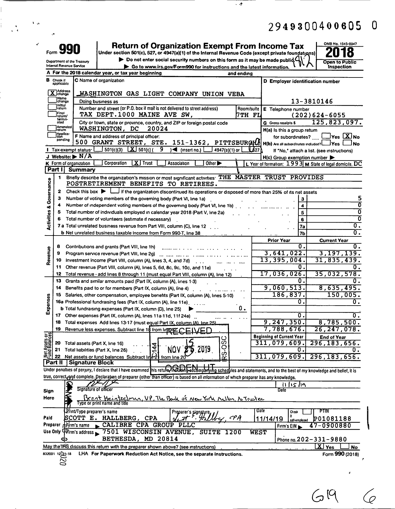 Image of first page of 2018 Form 990O for Washington Gas Light Company Union Veba