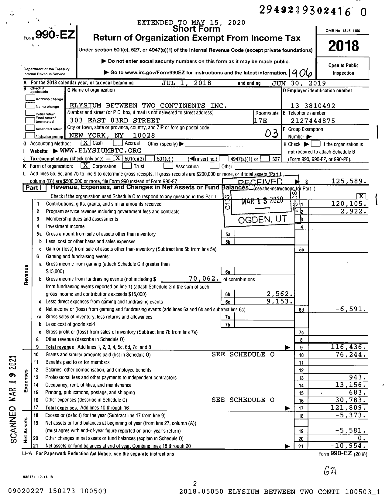 Image of first page of 2018 Form 990EZ for Elysium Between Two Continents