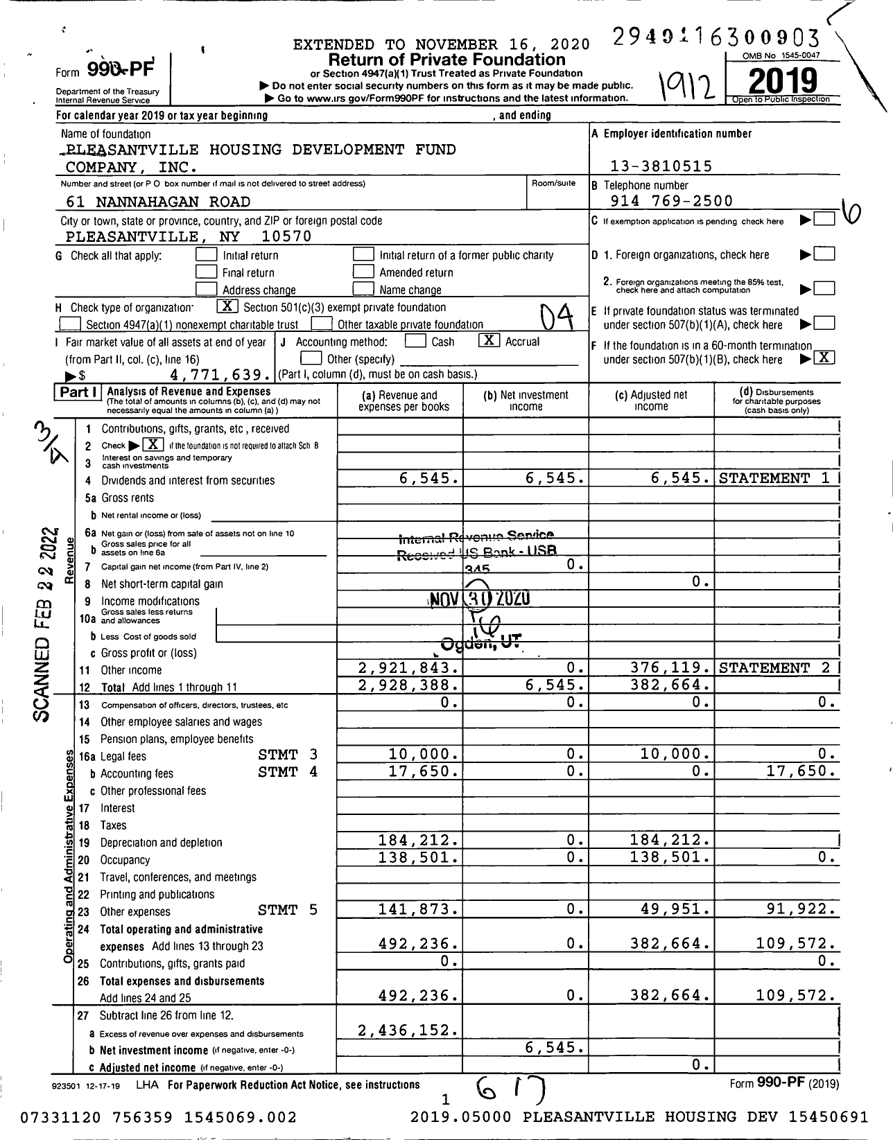 Image of first page of 2019 Form 990PF for Pleasantville Housing Development Fund Company