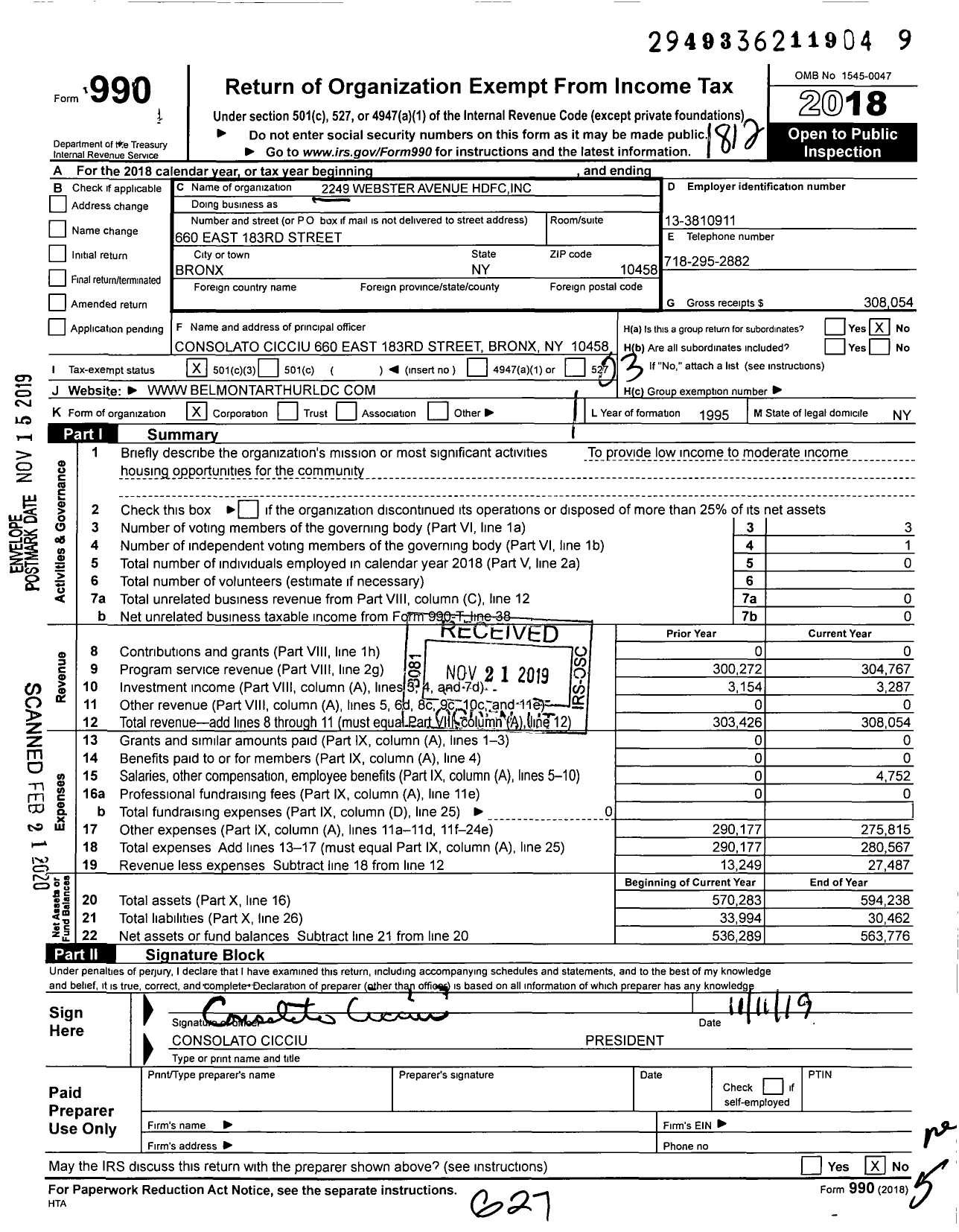 Image of first page of 2018 Form 990 for 2249 Webster Avenue HDFC