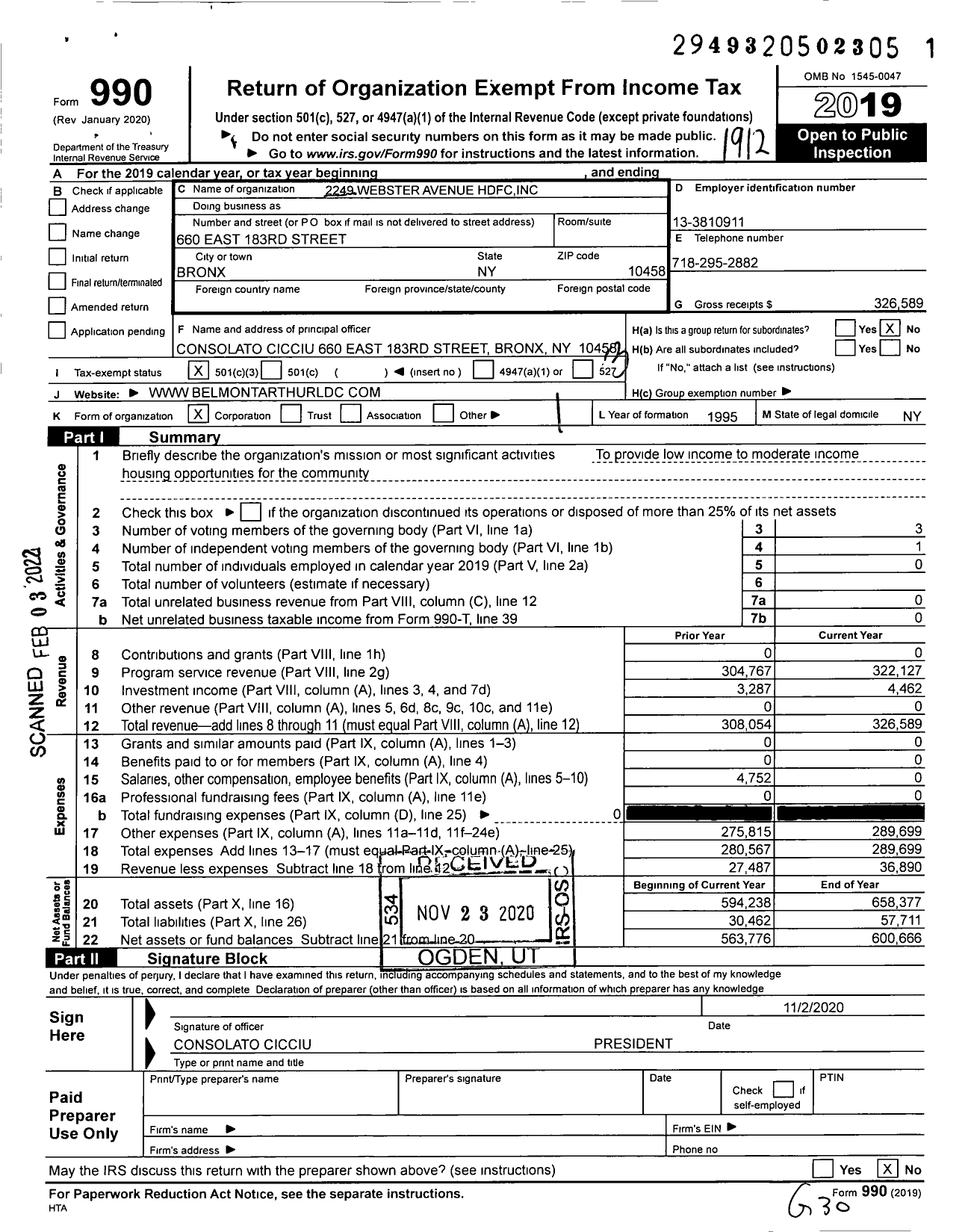 Image of first page of 2019 Form 990 for 2249 Webster Avenue HDFC