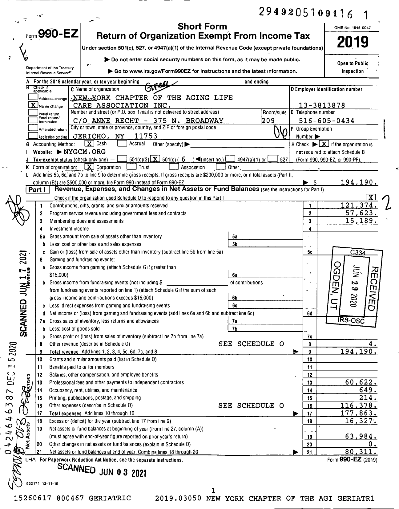 Image of first page of 2019 Form 990EO for New York Chapter of the Aging Life Care Association