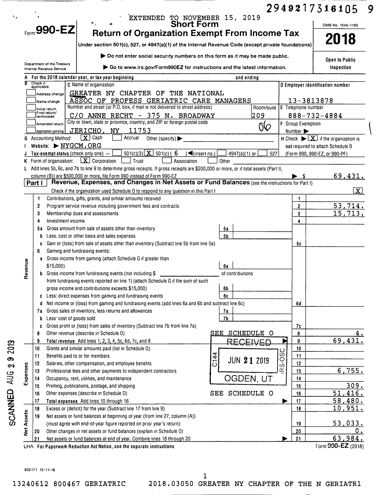 Image of first page of 2018 Form 990EO for New York Chapter of the Aging Life Care Association