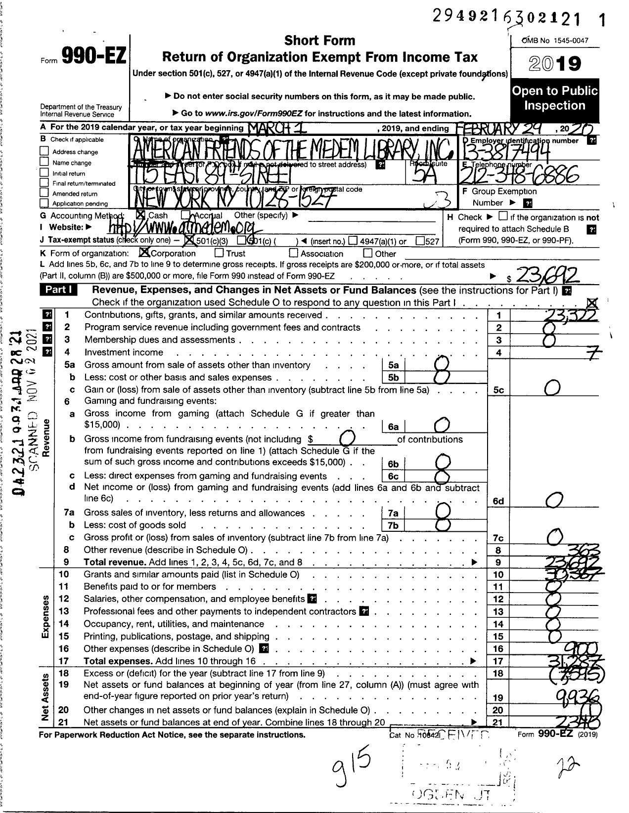 Image of first page of 2019 Form 990EZ for American Friends of the Medem Library Incorporated