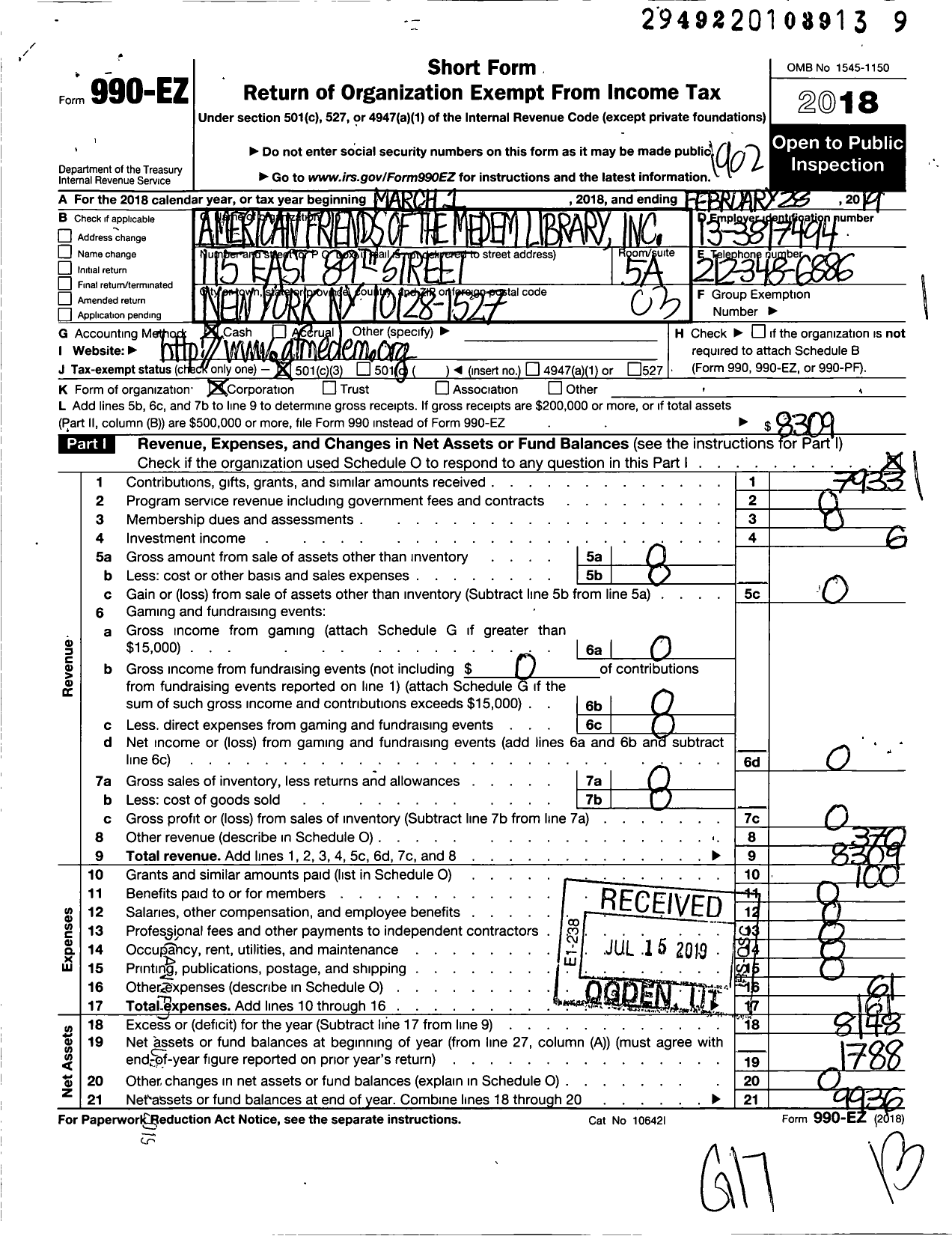 Image of first page of 2018 Form 990EZ for American Friends of the Medem Library Incorporated