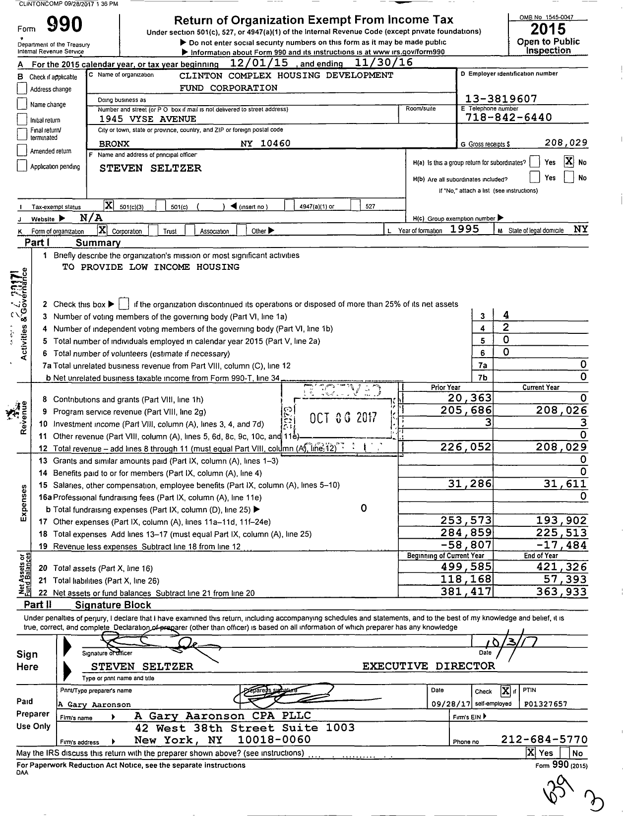 Image of first page of 2015 Form 990 for Clinton Complex Housing Development Fund Corporation