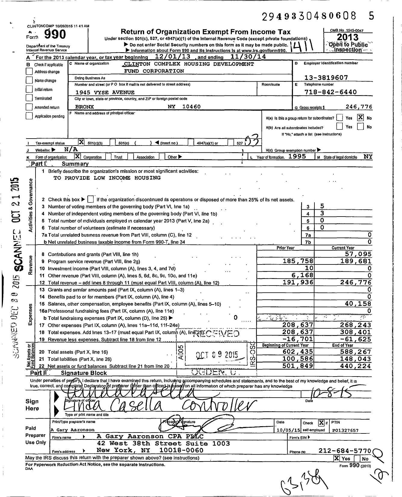 Image of first page of 2013 Form 990 for Clinton Complex Housing Development Fund Corporation