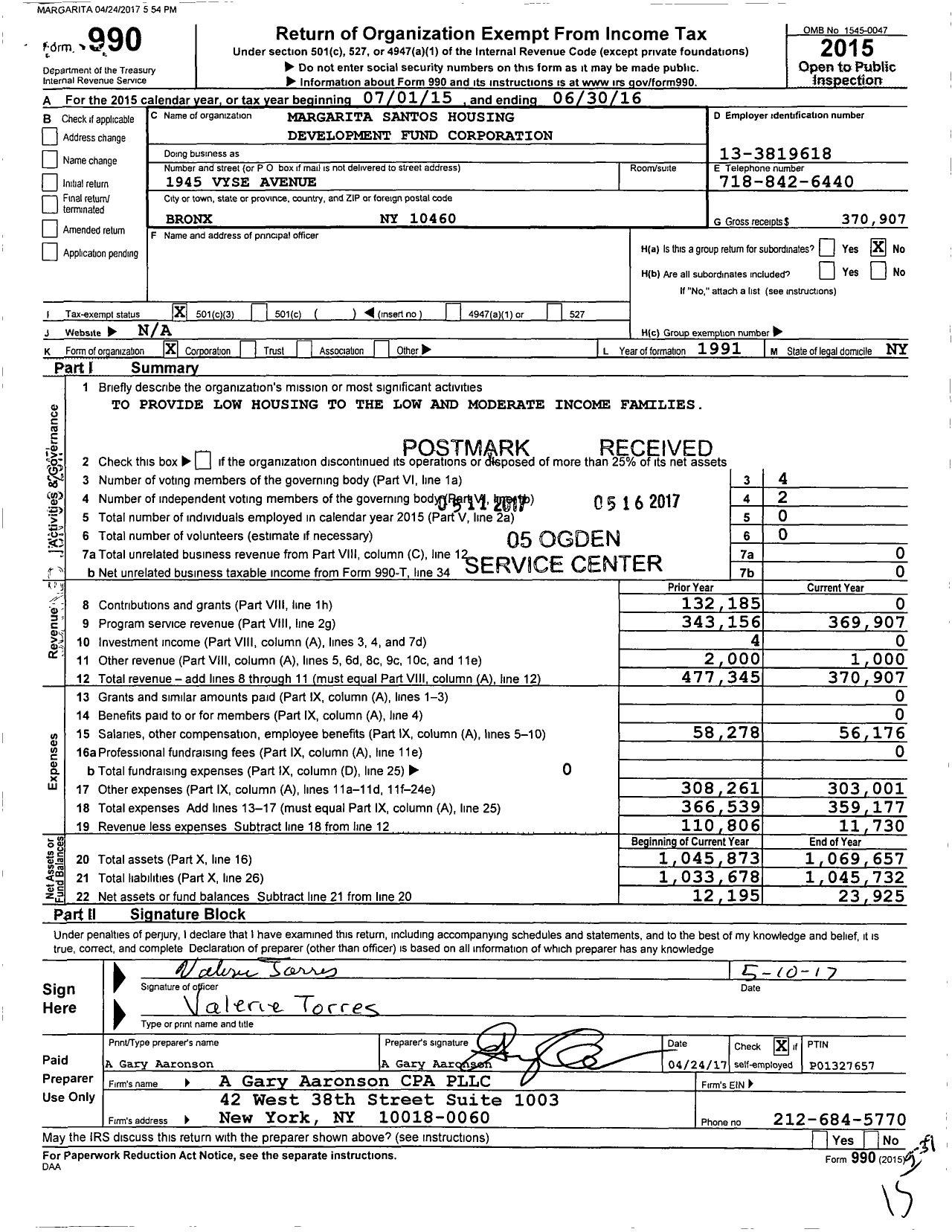 Image of first page of 2015 Form 990 for Margarita Santos Housing Development Fund Corporation