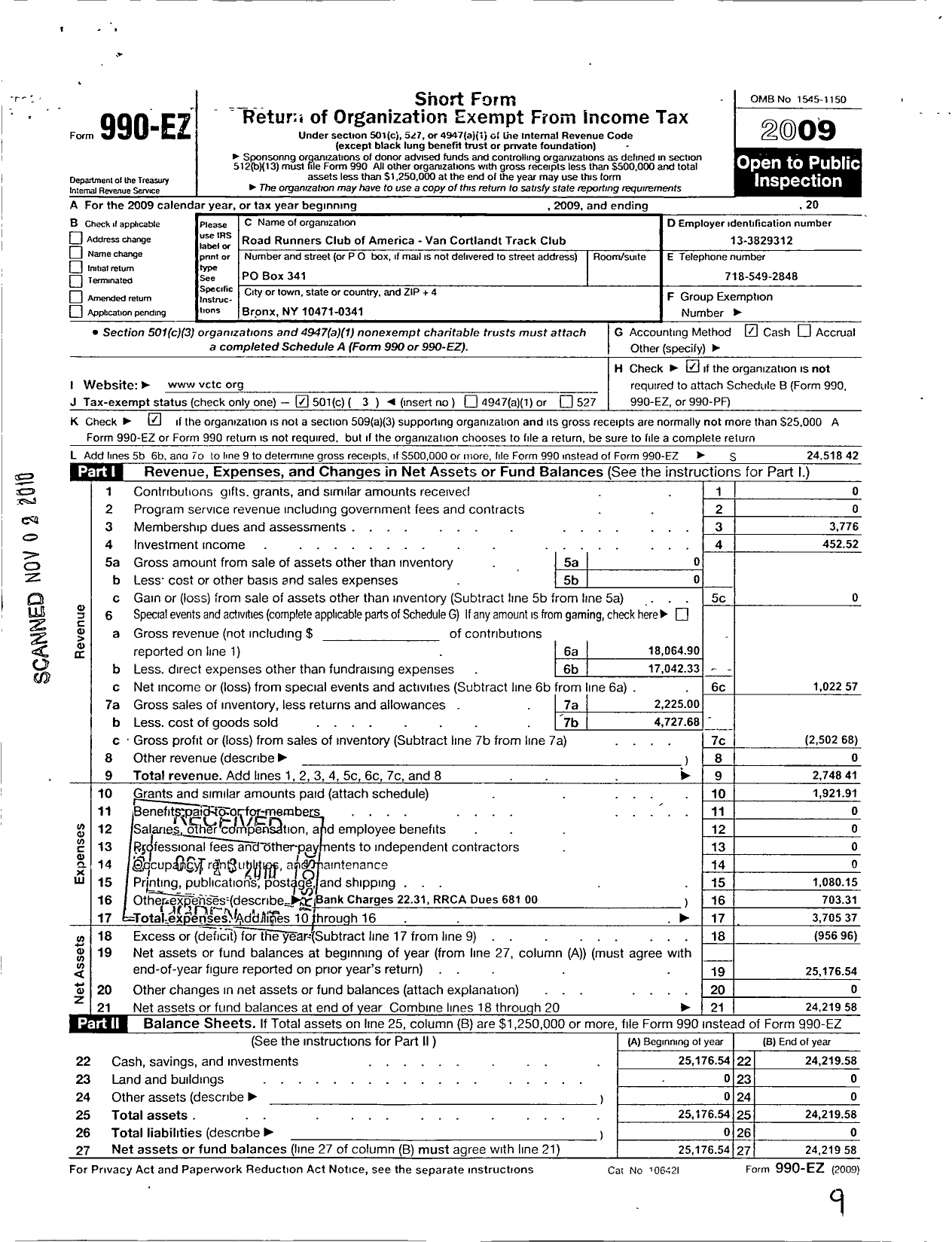 Image of first page of 2009 Form 990EZ for Road Runners Club of America