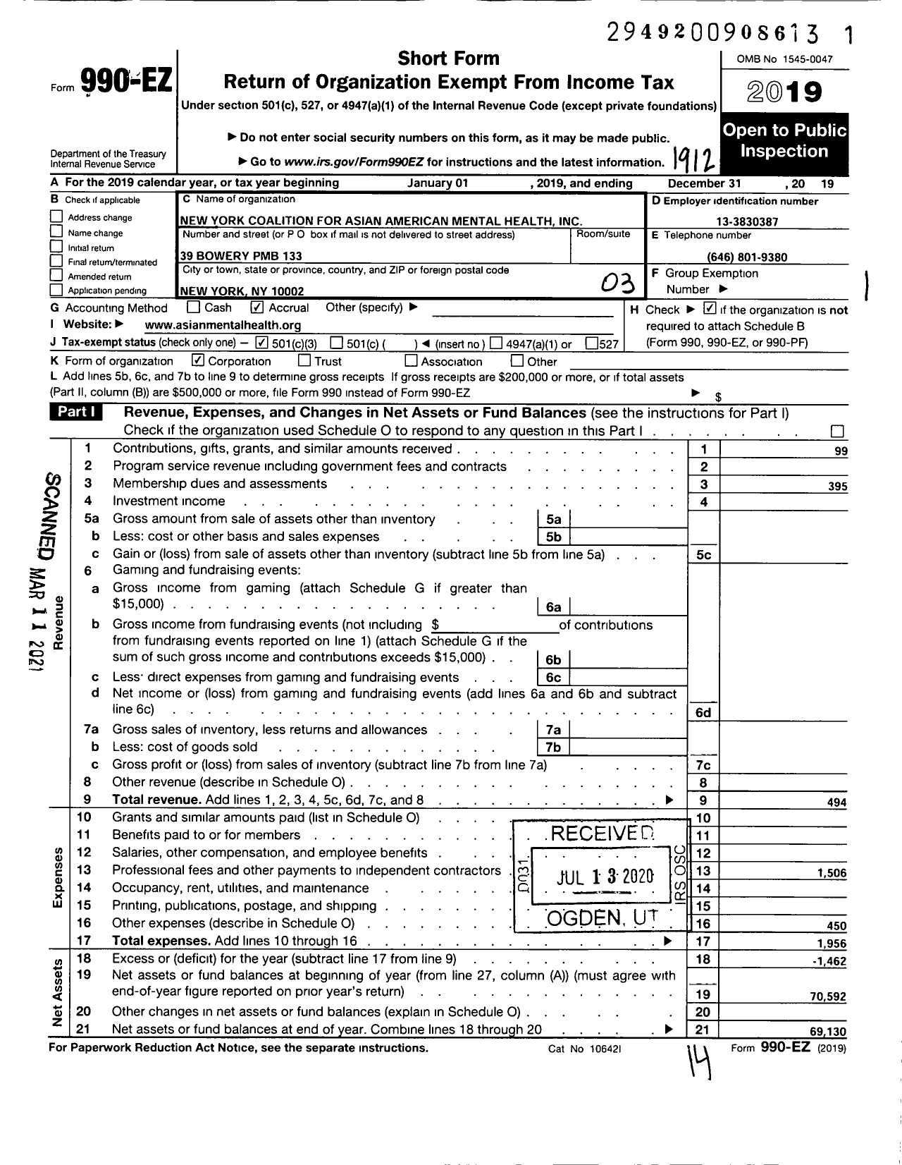 Image of first page of 2019 Form 990EZ for New York Coalition for Asian American Mental Health