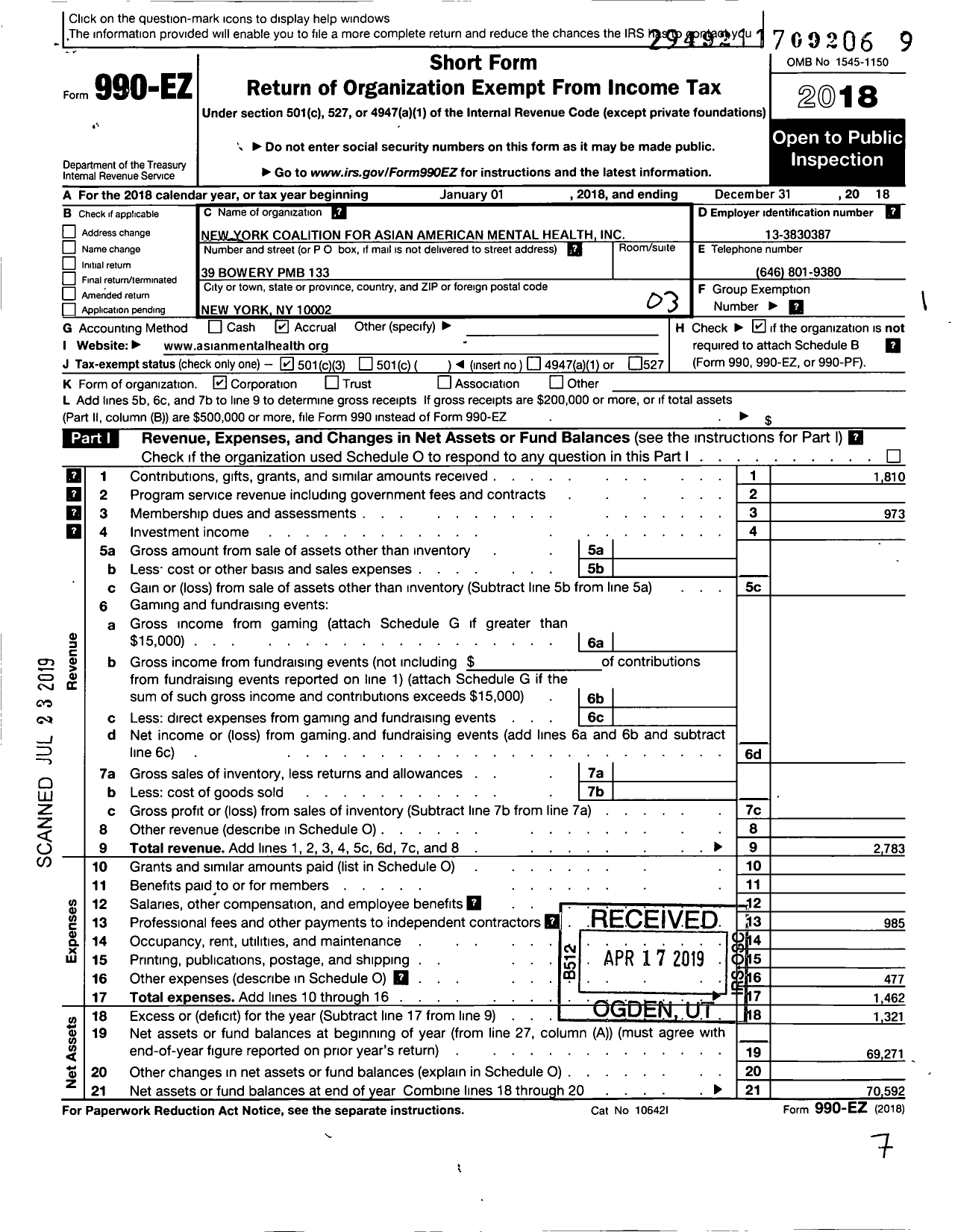 Image of first page of 2018 Form 990EZ for New York Coalition for Asian American Mental Health