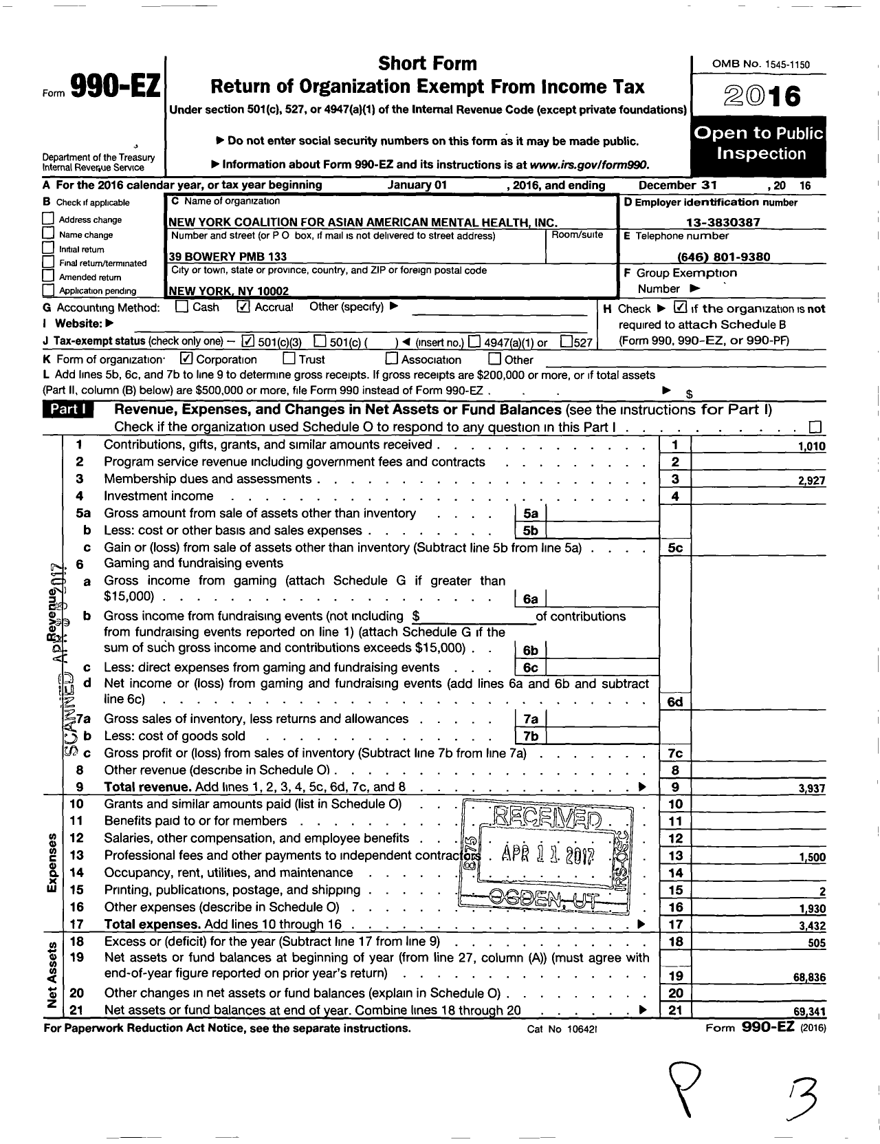 Image of first page of 2016 Form 990EZ for New York Coalition for Asian American Mental Health