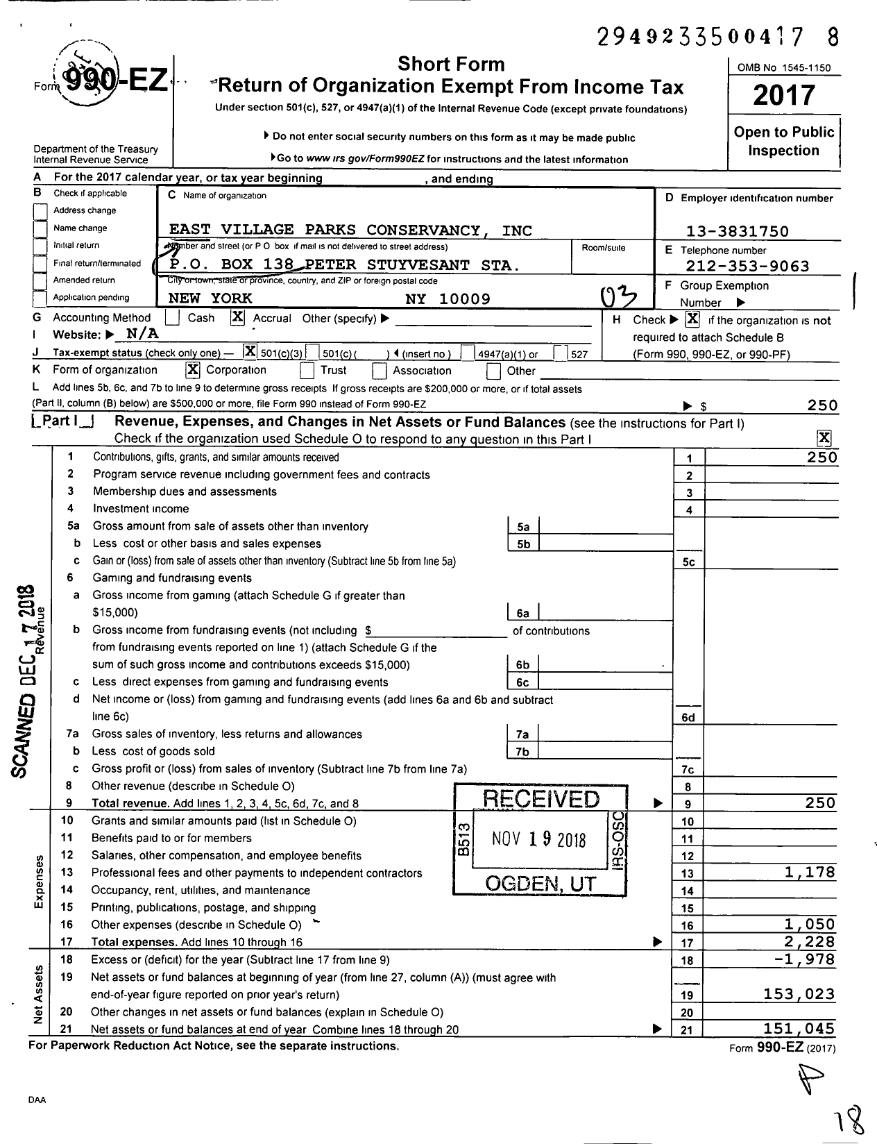 Image of first page of 2017 Form 990EZ for East Village Parks Conservancy