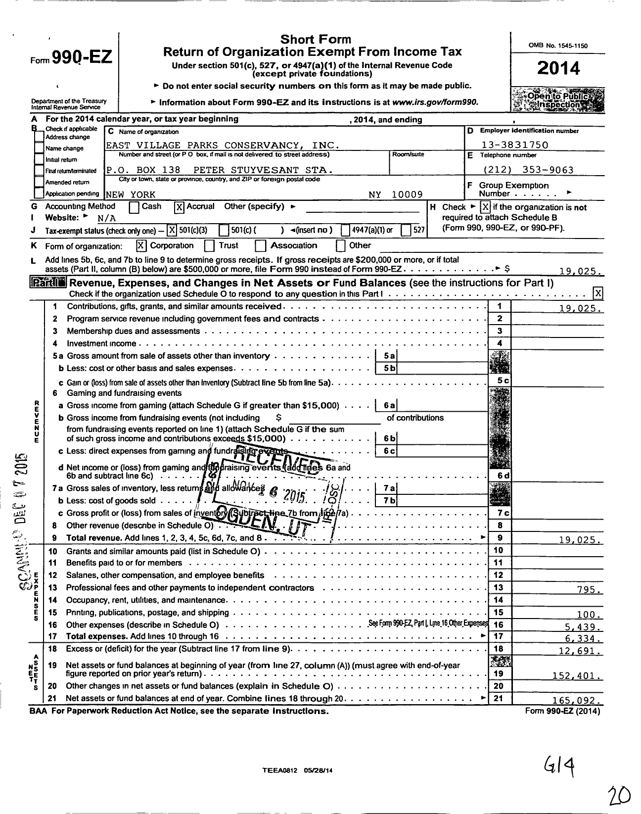 Image of first page of 2014 Form 990EZ for East Village Parks Conservancy