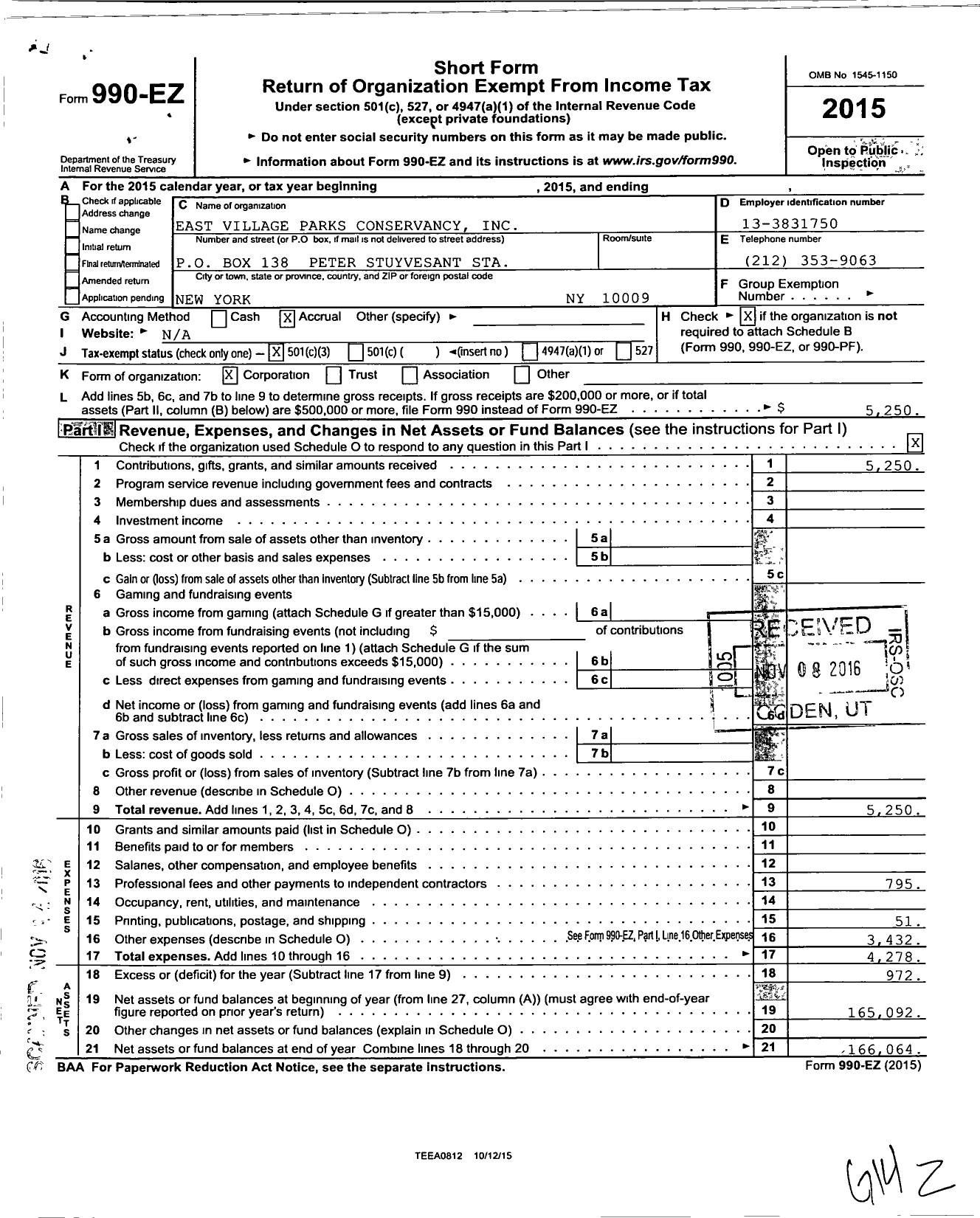 Image of first page of 2015 Form 990EZ for East Village Parks Conservancy