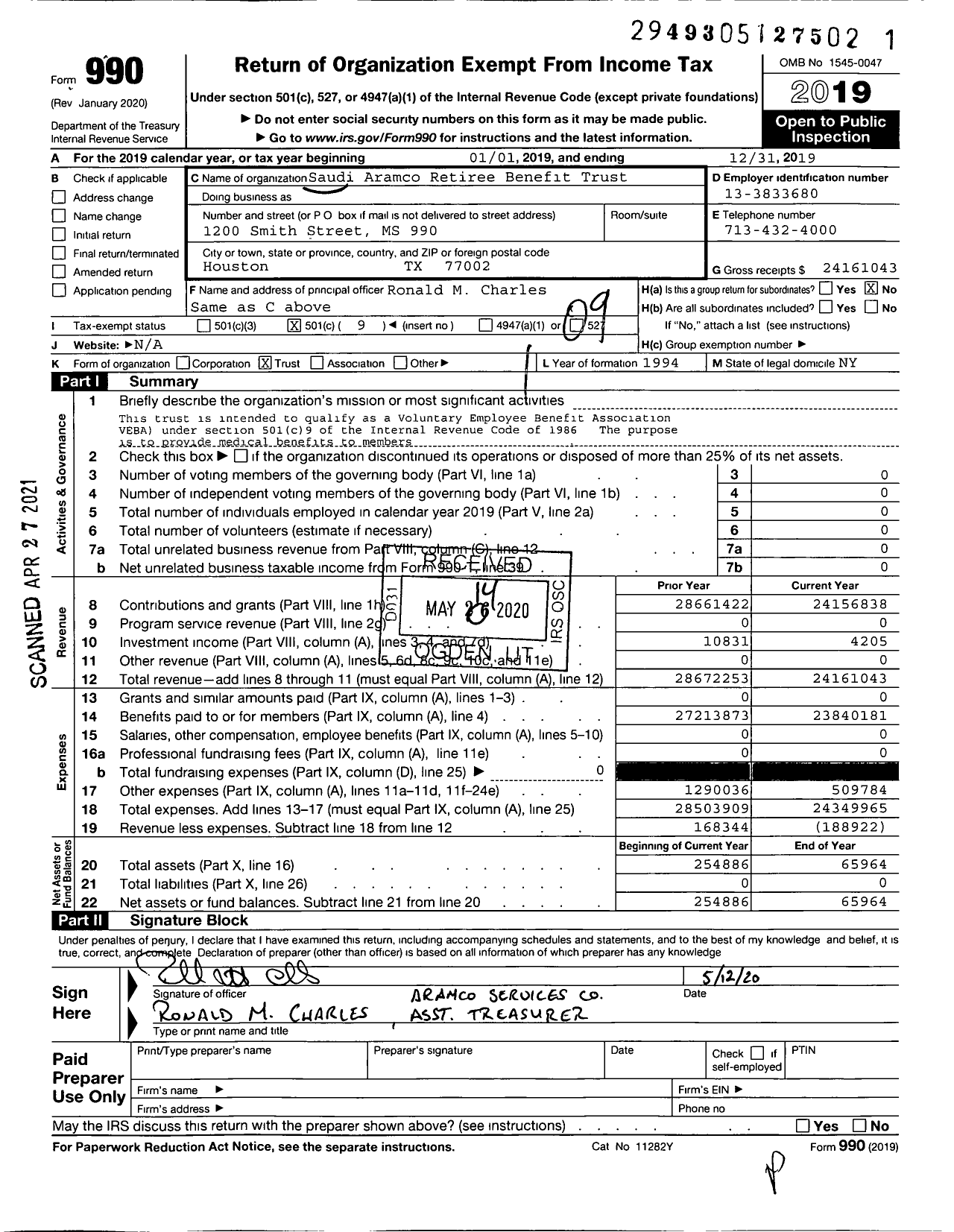 Image of first page of 2019 Form 990O for Aramco US Retiree Welfare Benefit Trust