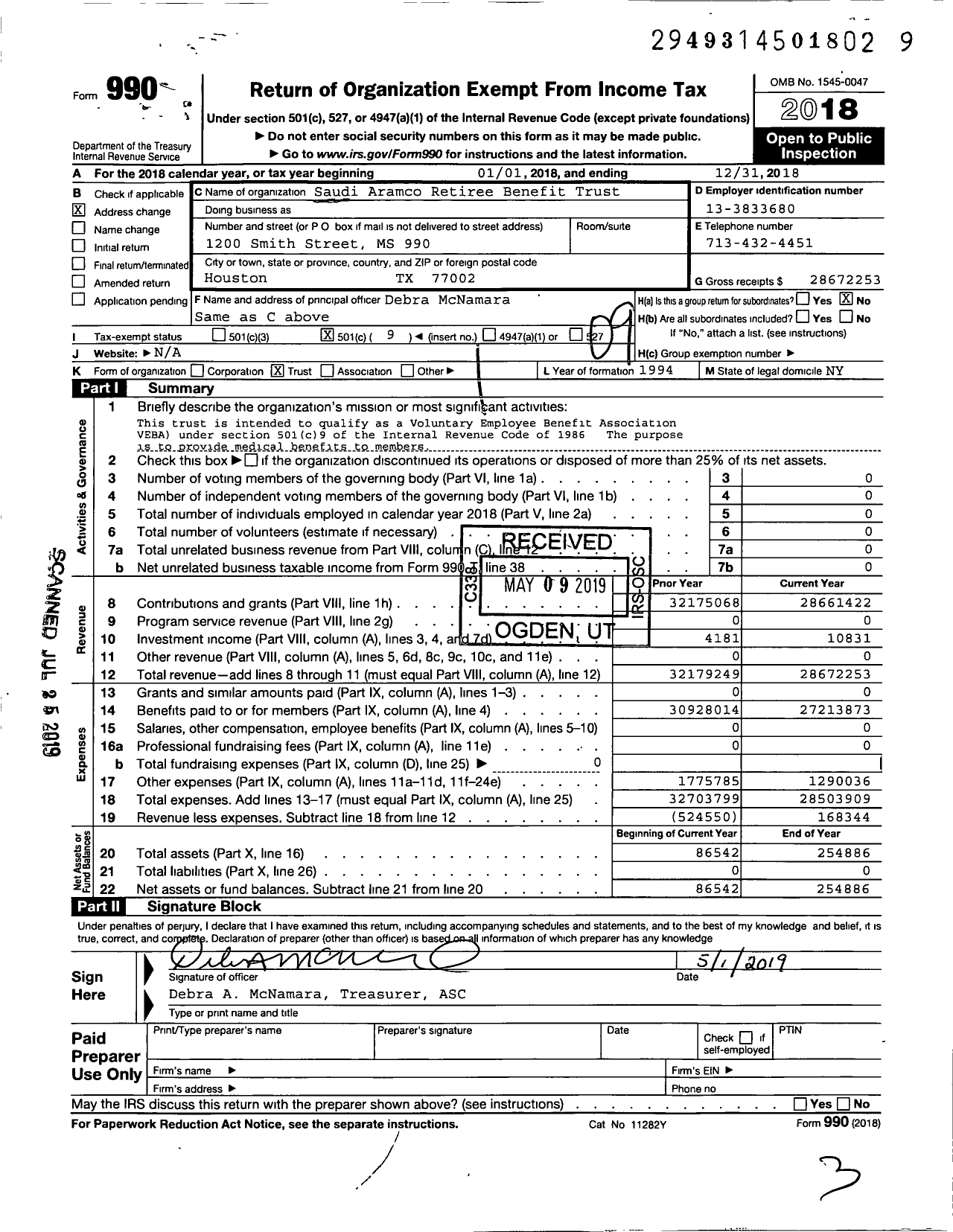 Image of first page of 2018 Form 990O for Aramco US Retiree Welfare Benefit Trust
