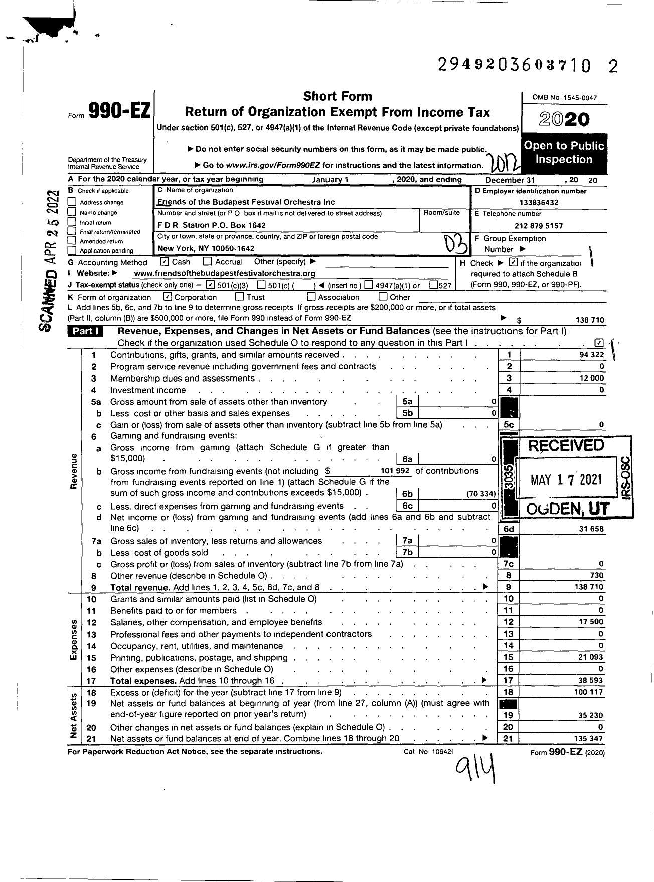 Image of first page of 2020 Form 990EZ for Friends of the Budapest Festival Orchestra