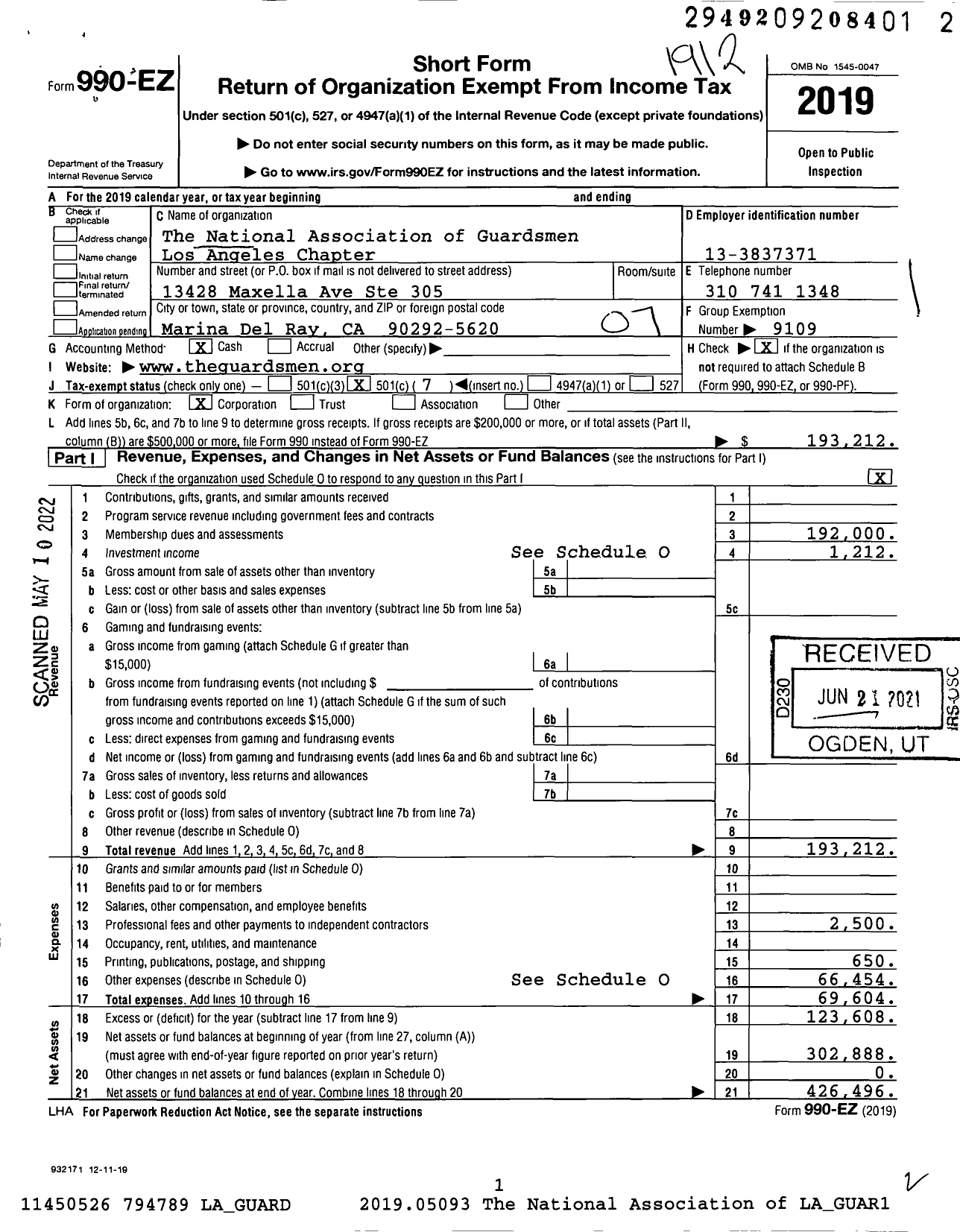 Image of first page of 2019 Form 990EO for The National Association of Guardsmen Los Angeles Chapter