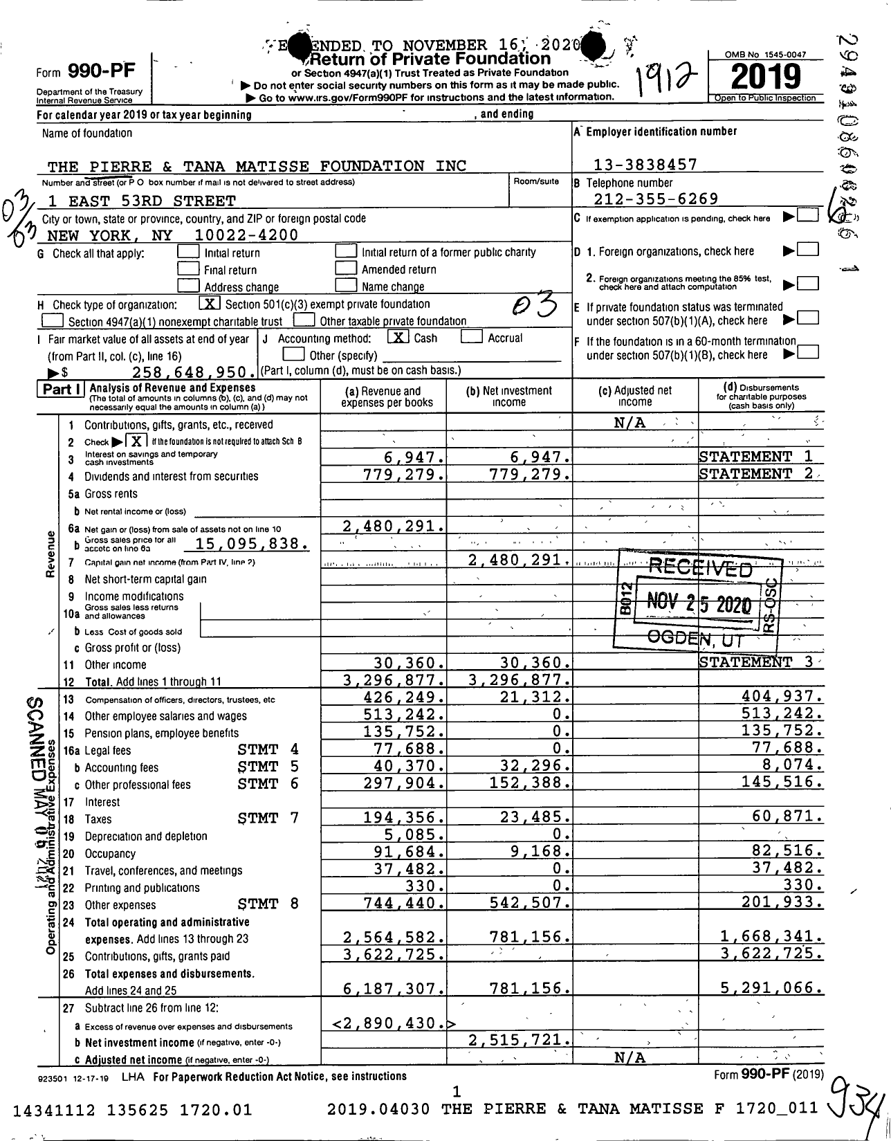 Image of first page of 2019 Form 990PF for The Pierre and Tana Matisse Foundation