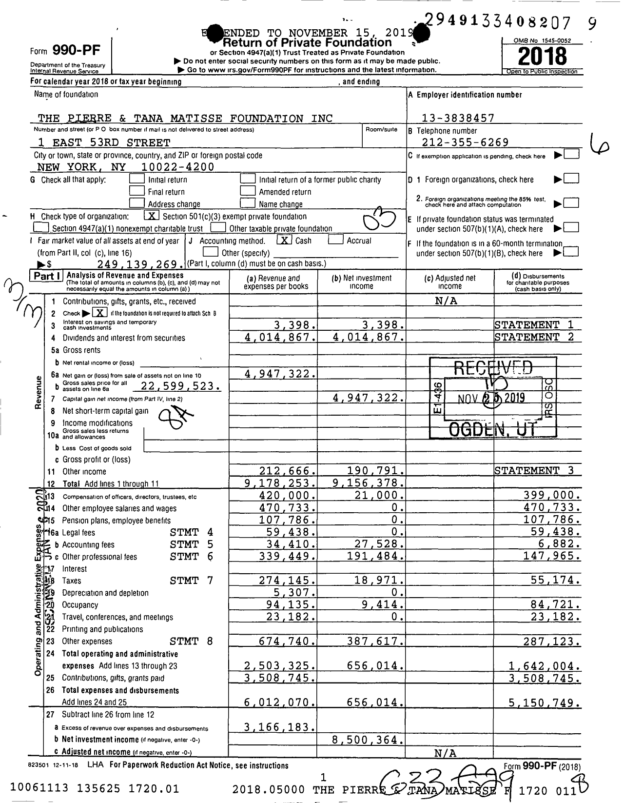 Image of first page of 2018 Form 990PF for The Pierre and Tana Matisse Foundation